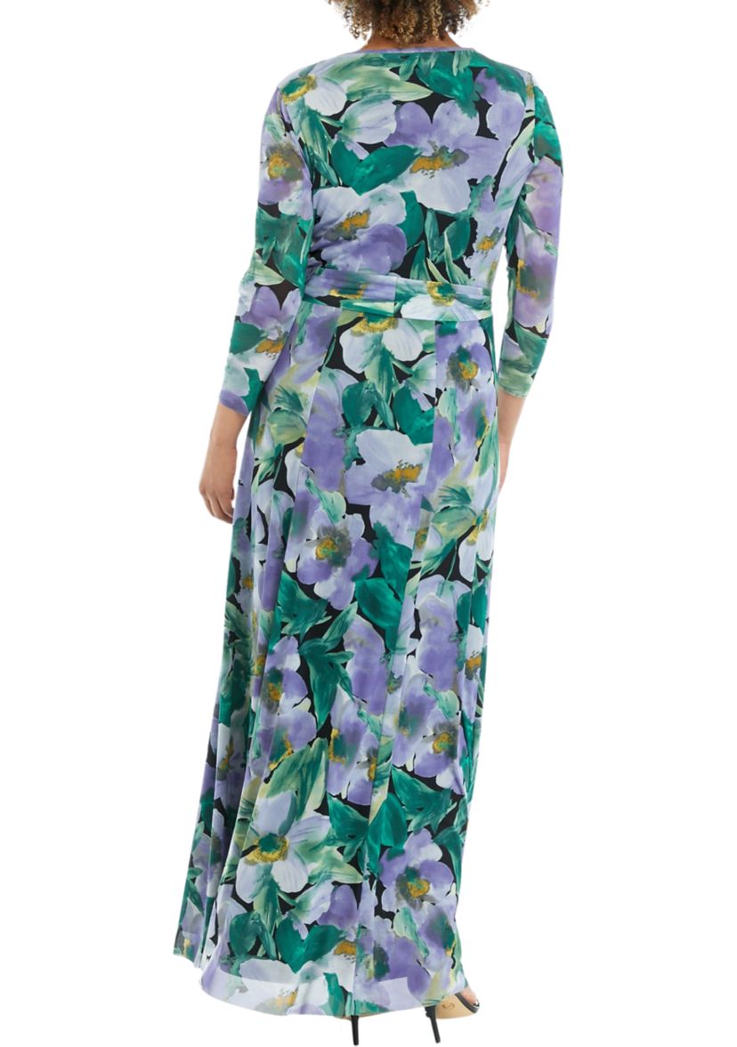 Womens 3/4 Sleeve Floral Print Mesh Maxi Dress