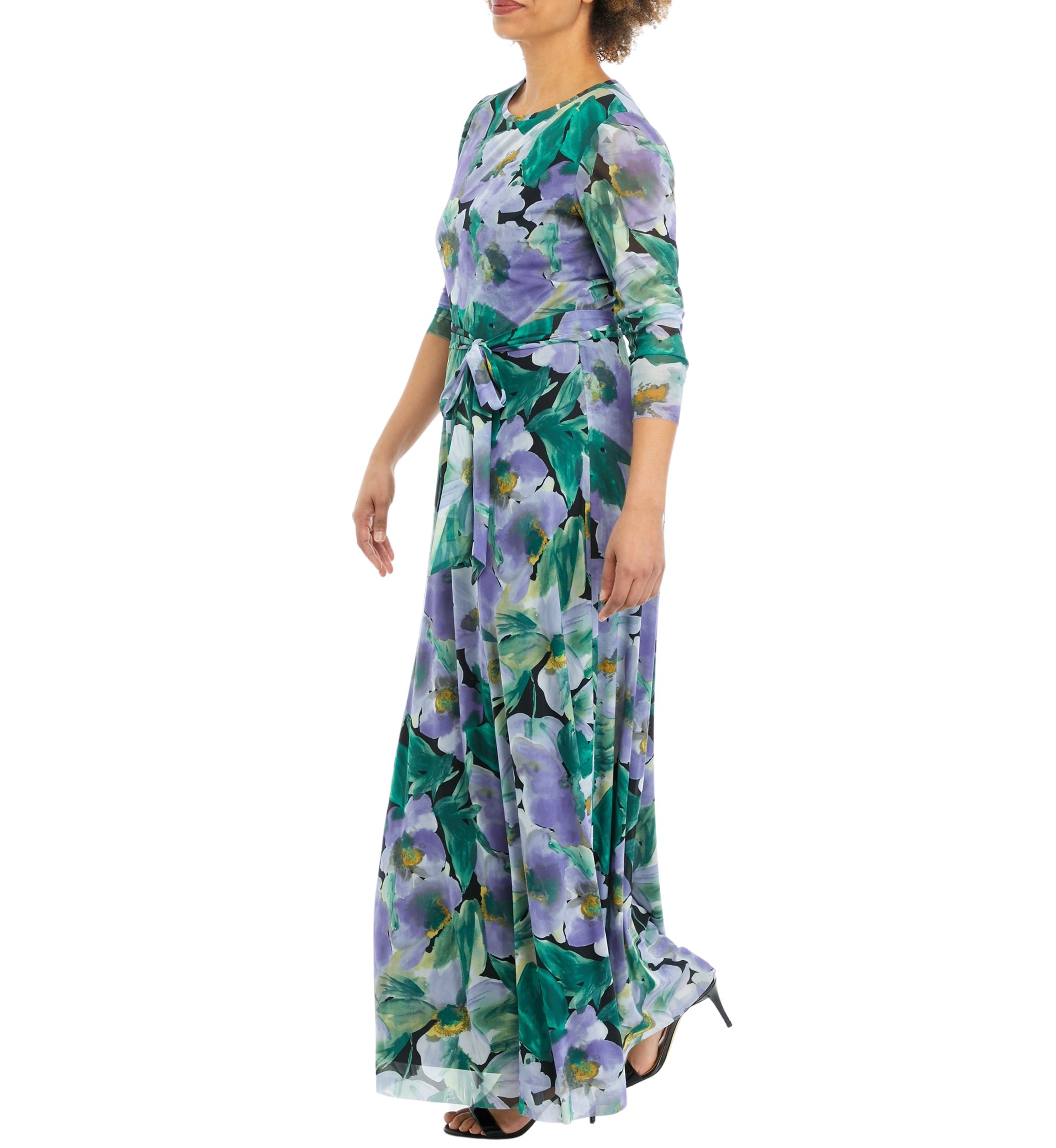 Womens 3/4 Sleeve Floral Print Mesh Maxi Dress