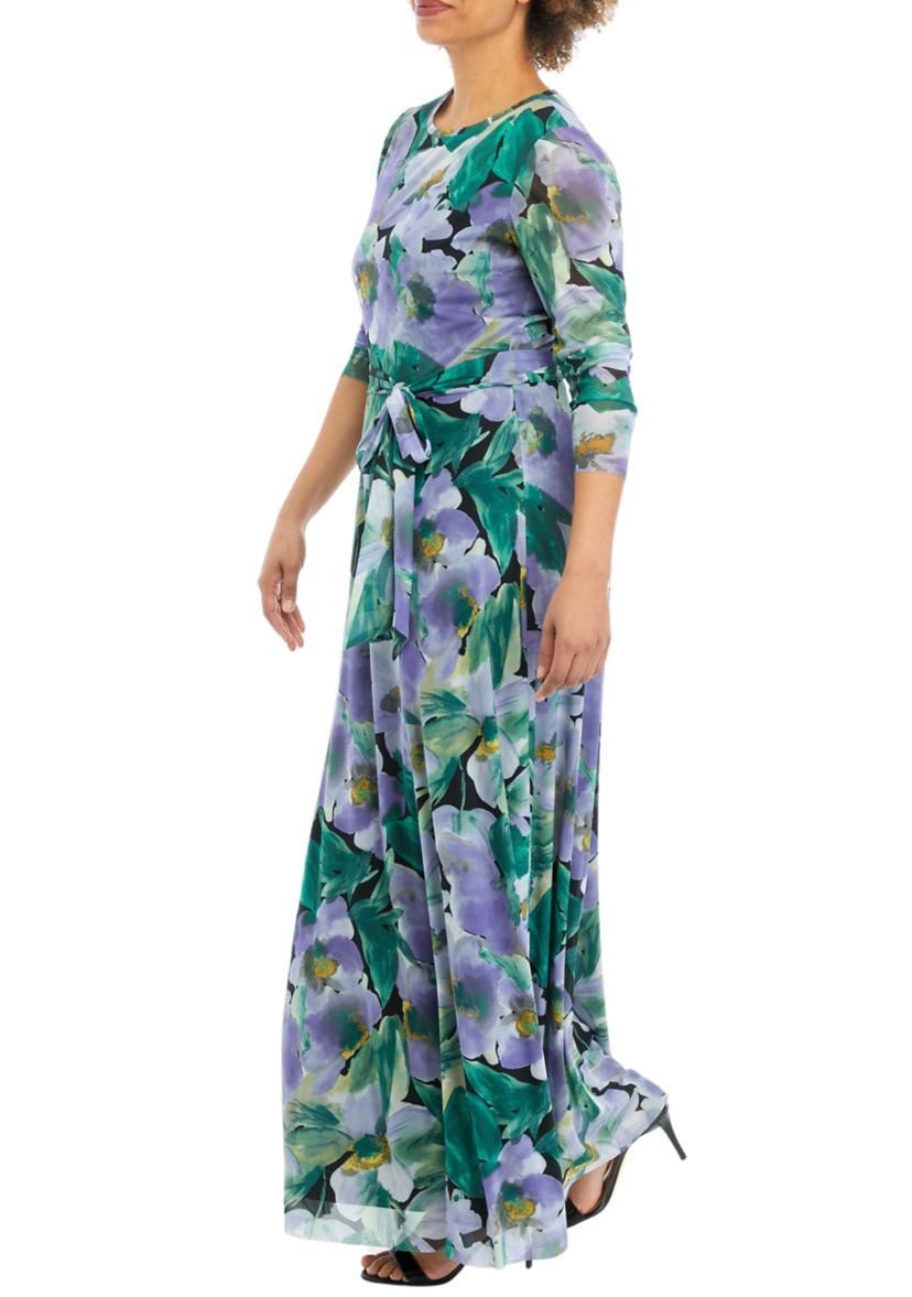Womens 3/4 Sleeve Floral Print Mesh Maxi Dress