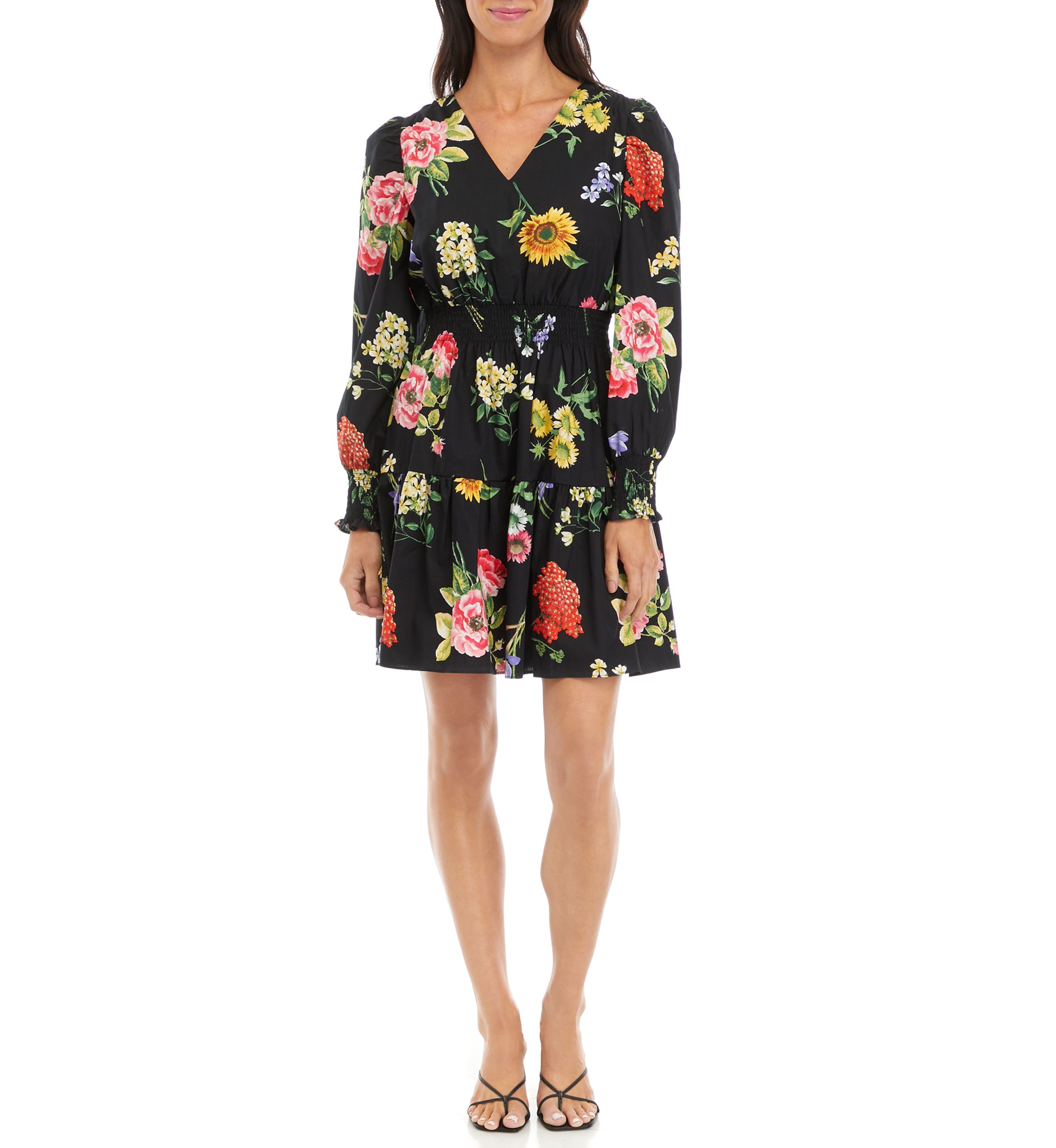 Womens V-Neck Flounce Hem Dress with Smocked Sleeve Cuffs