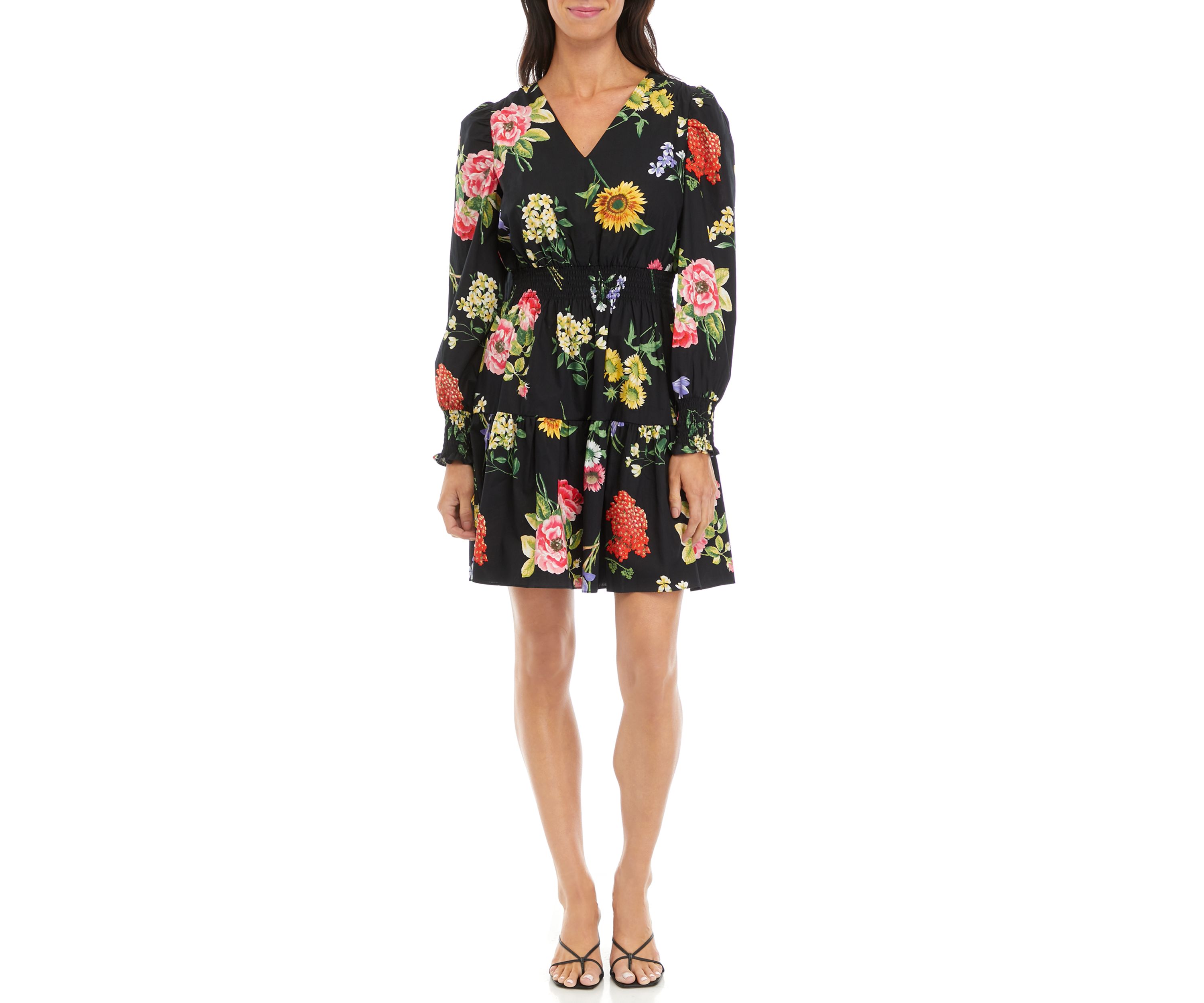 Womens V-Neck Flounce Hem Dress with Smocked Sleeve Cuffs