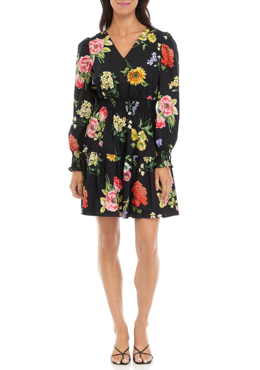 Womens V-Neck Flounce Hem Dress with Smocked Sleeve Cuffs