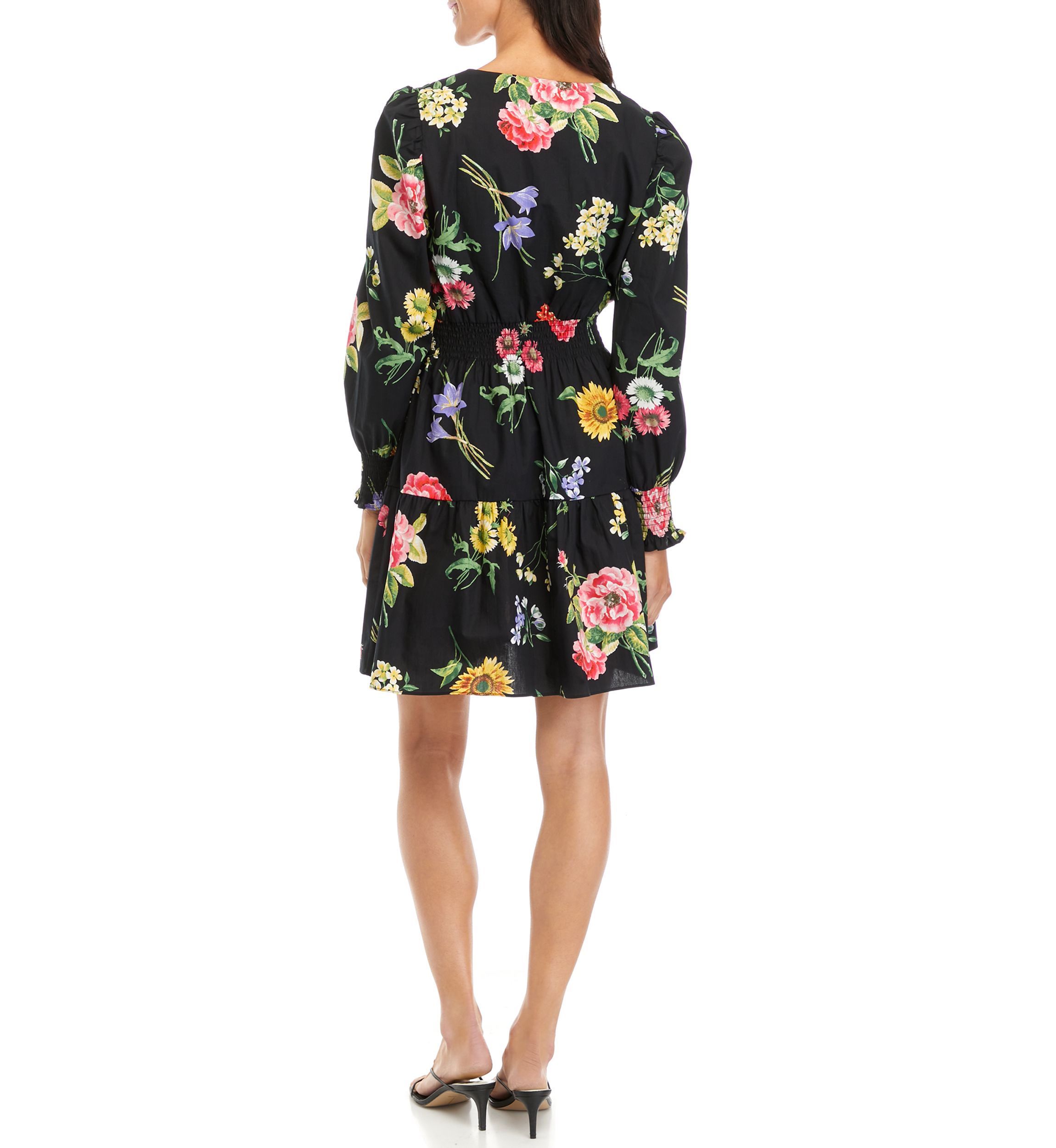 Womens V-Neck Flounce Hem Dress with Smocked Sleeve Cuffs