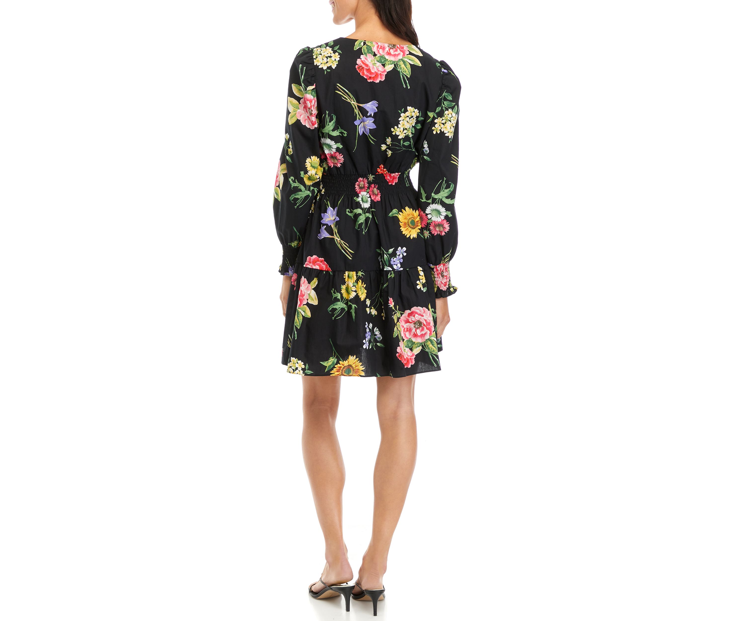 Womens V-Neck Flounce Hem Dress with Smocked Sleeve Cuffs