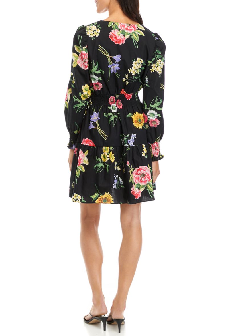 Womens V-Neck Flounce Hem Dress with Smocked Sleeve Cuffs