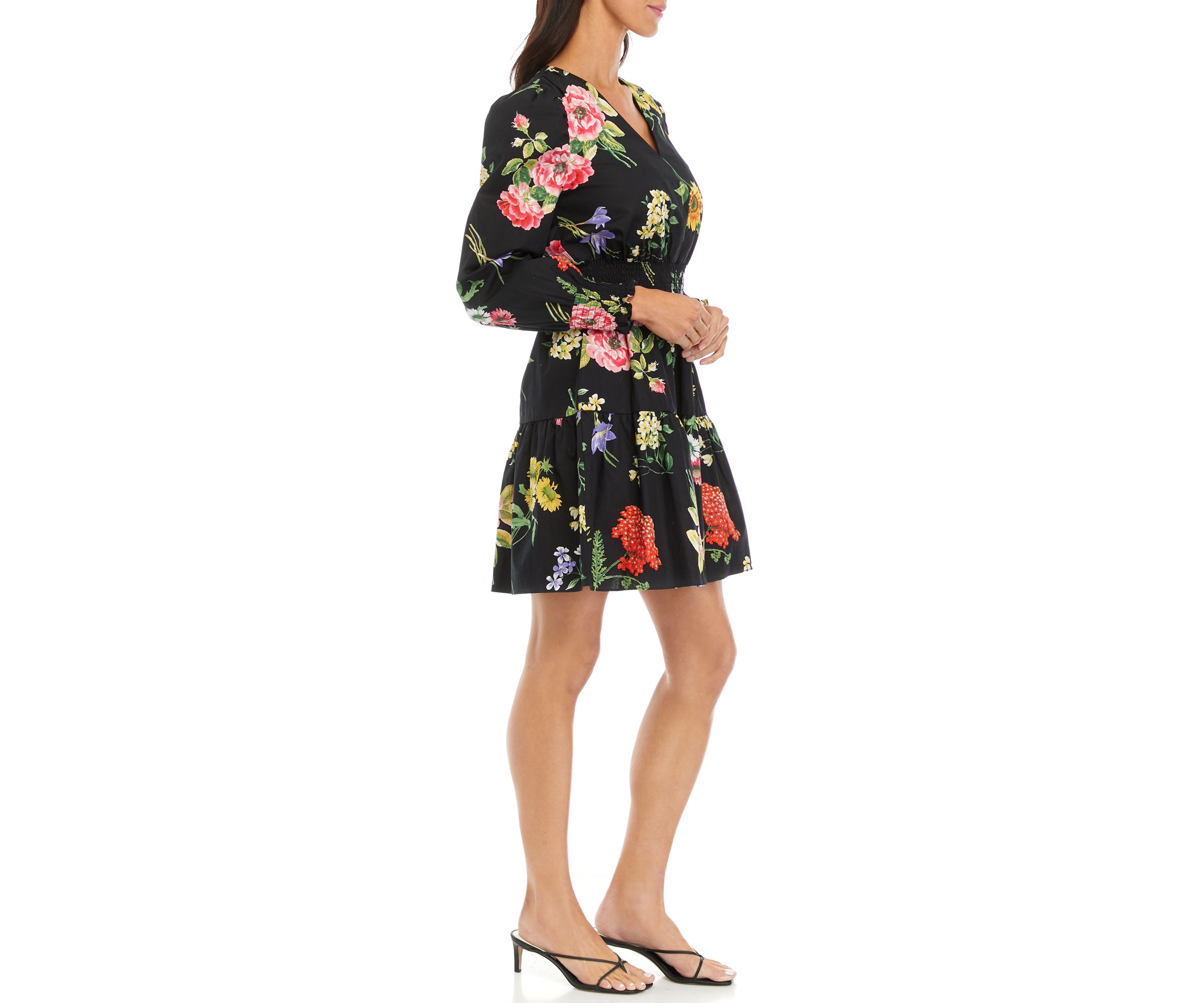 Womens V-Neck Flounce Hem Dress with Smocked Sleeve Cuffs