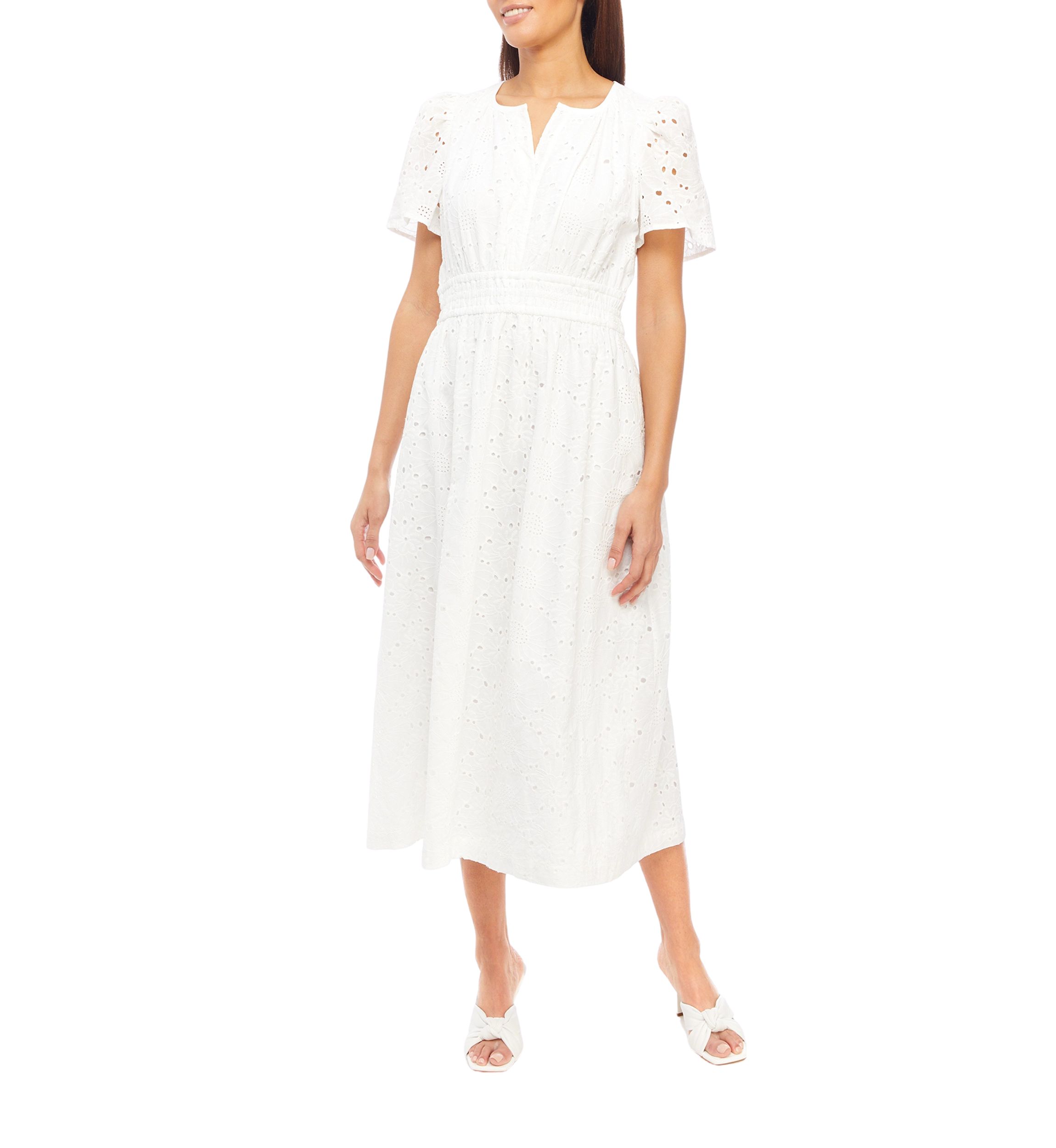 Womens Short Sleeve Split Neck Solid Eyelet Midi Dress