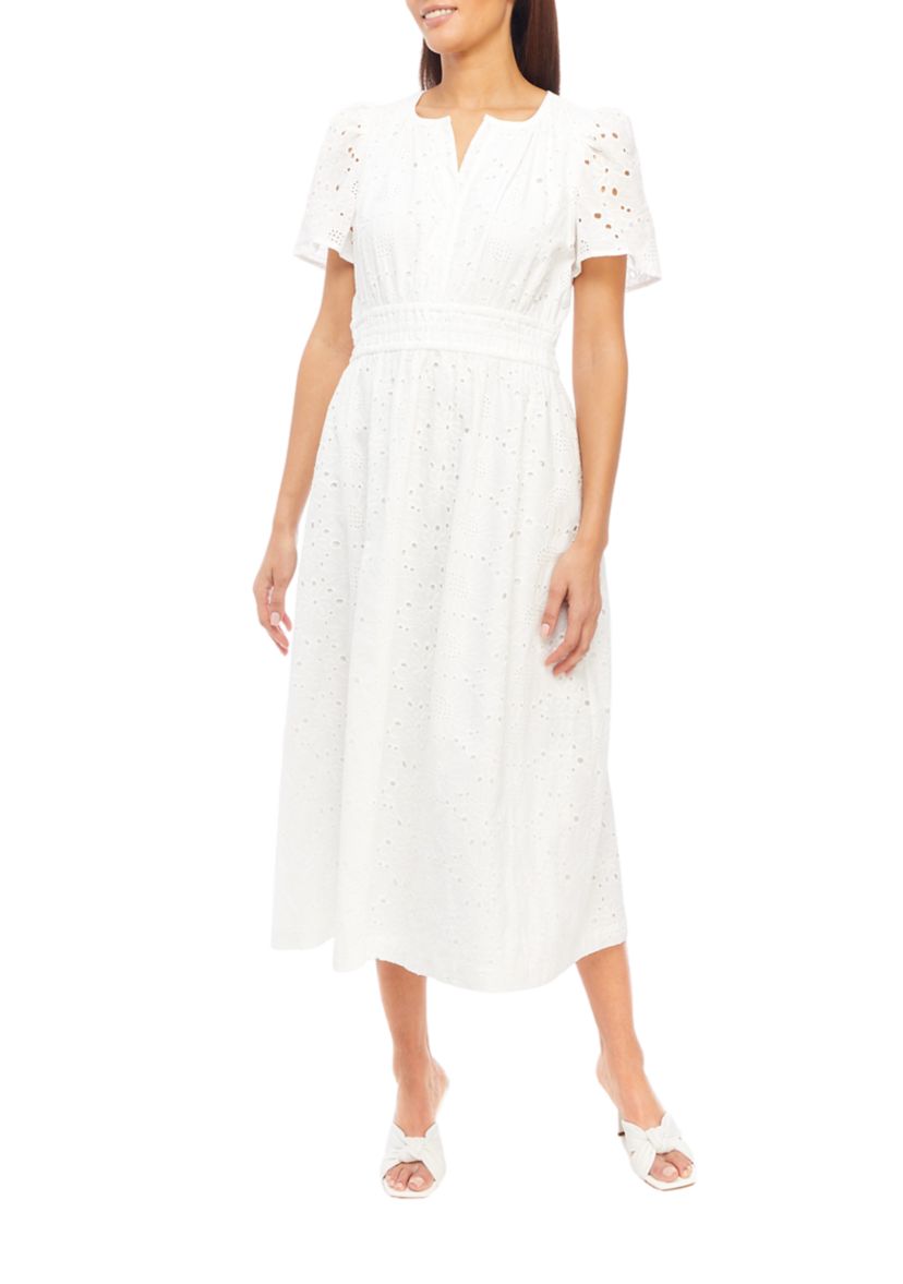Womens Short Sleeve Split Neck Solid Eyelet Midi Dress