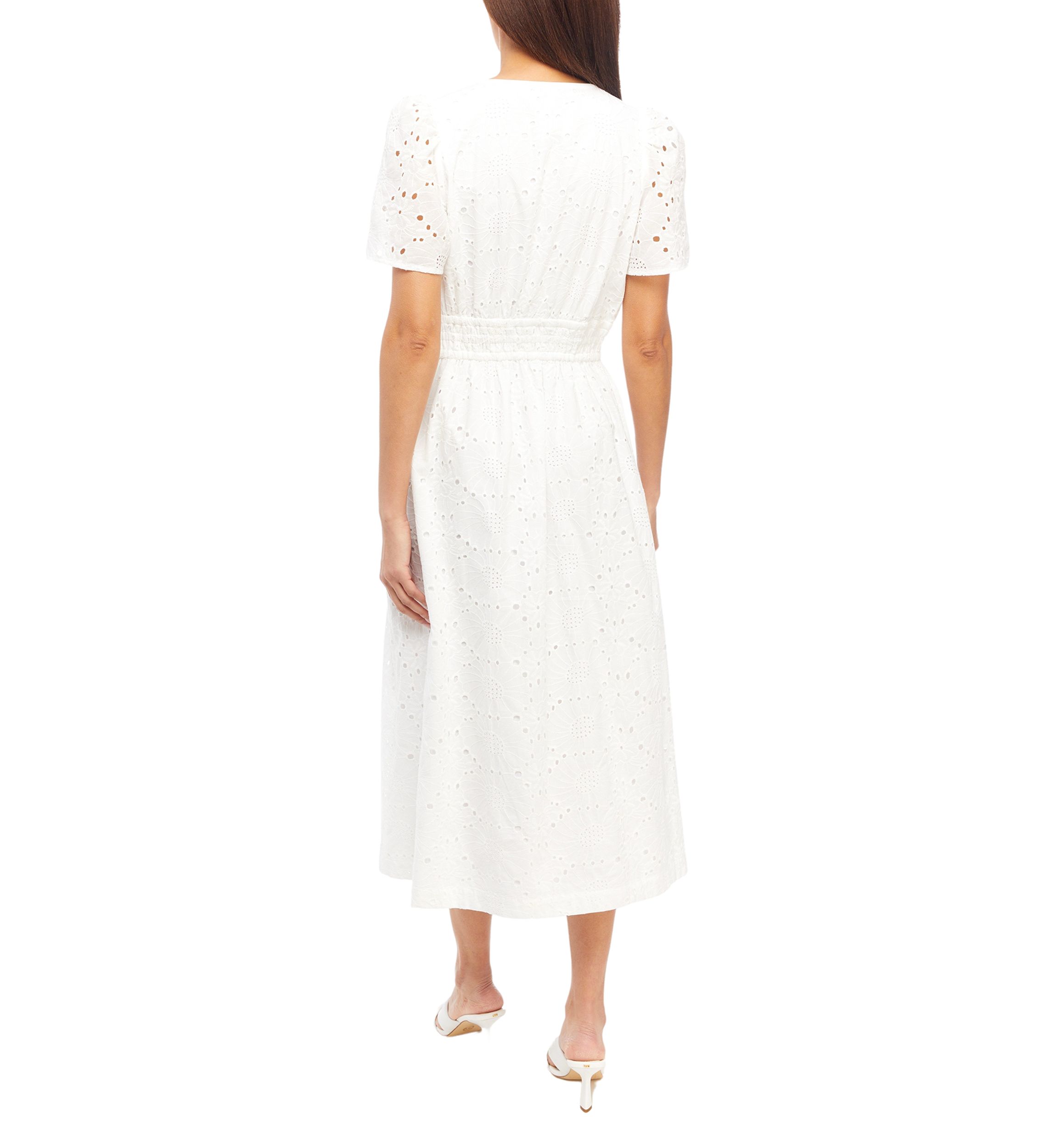 Womens Short Sleeve Split Neck Solid Eyelet Midi Dress