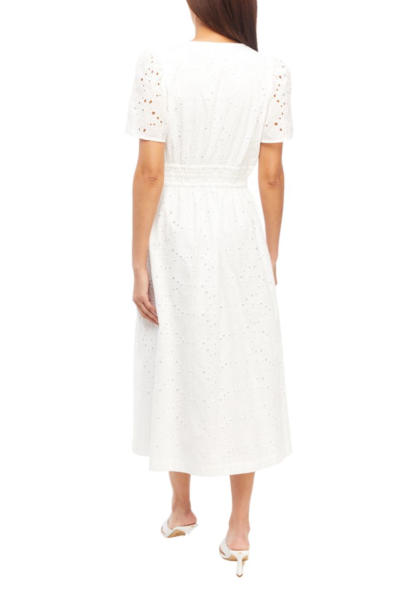 Womens Short Sleeve Split Neck Solid Eyelet Midi Dress