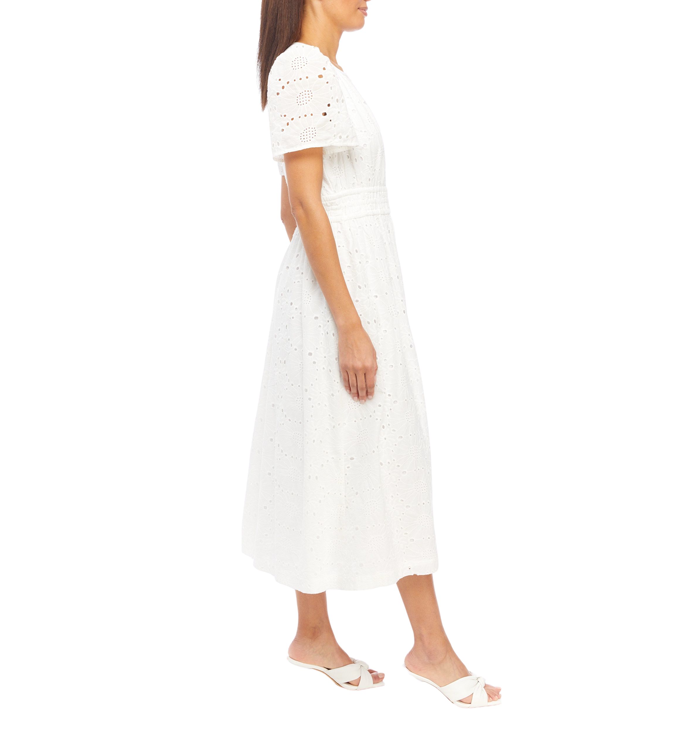 Womens Short Sleeve Split Neck Solid Eyelet Midi Dress