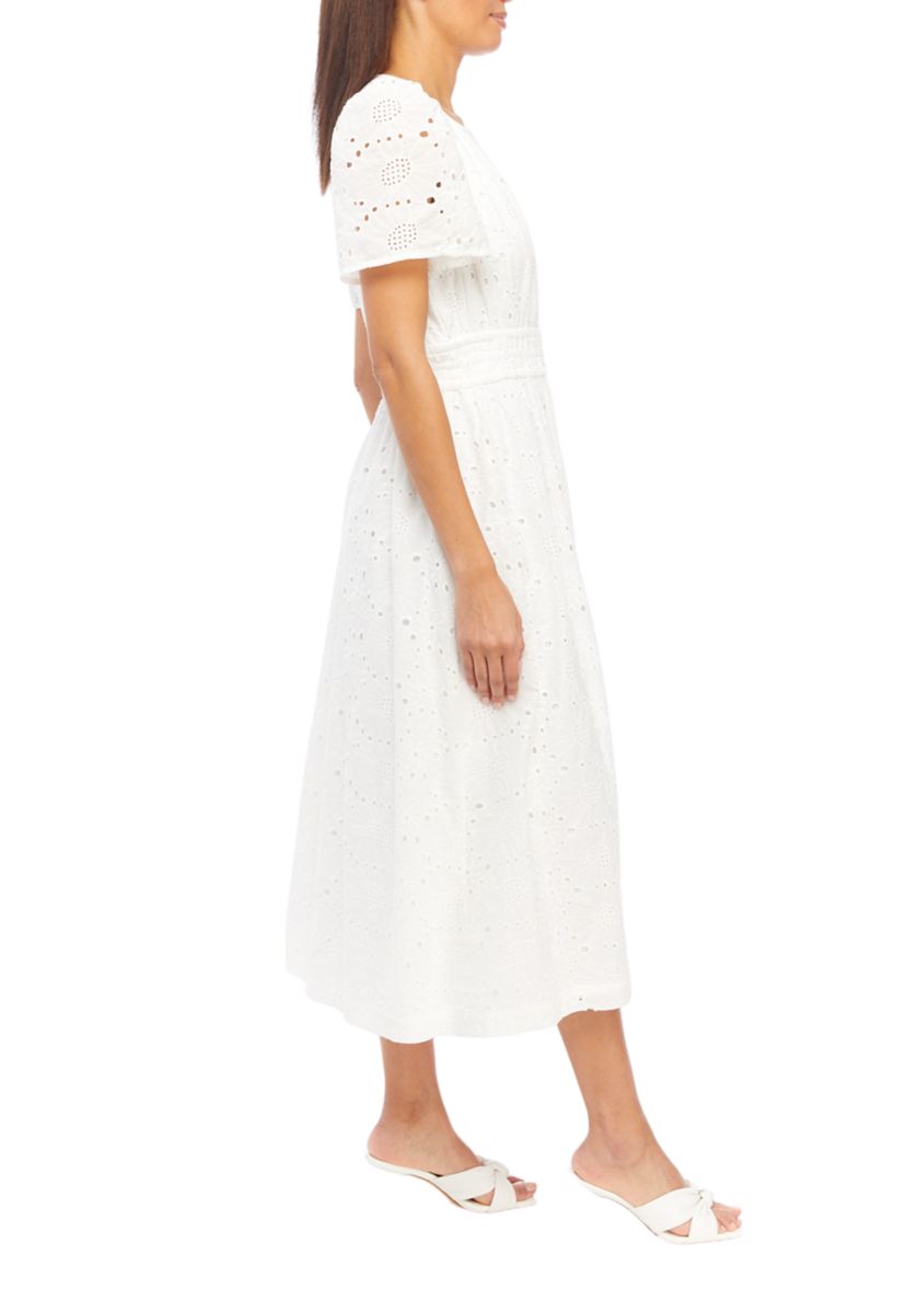 Womens Short Sleeve Split Neck Solid Eyelet Midi Dress