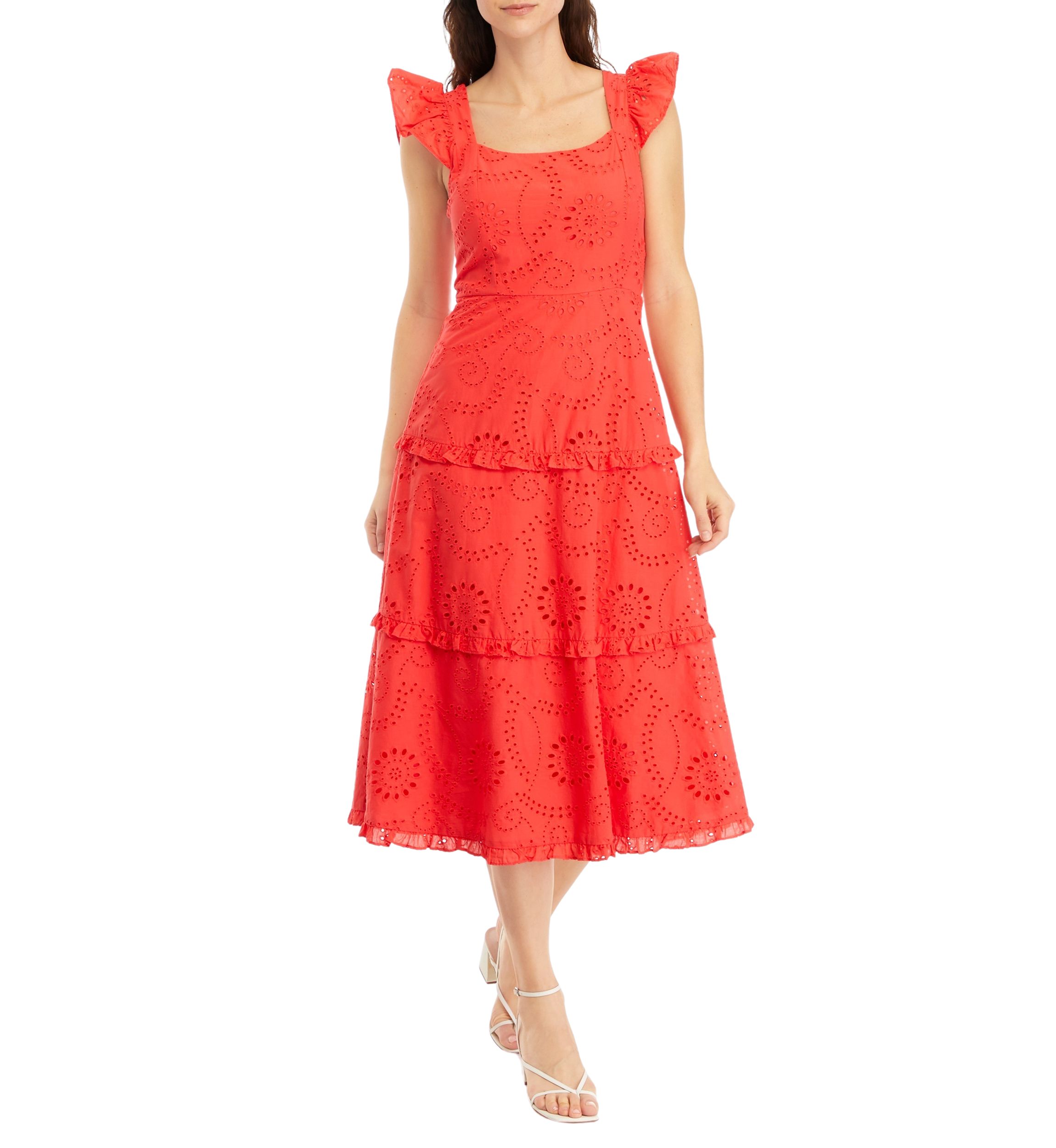 Womens Ruffle Three Tier Scooped Neck Midi Dress