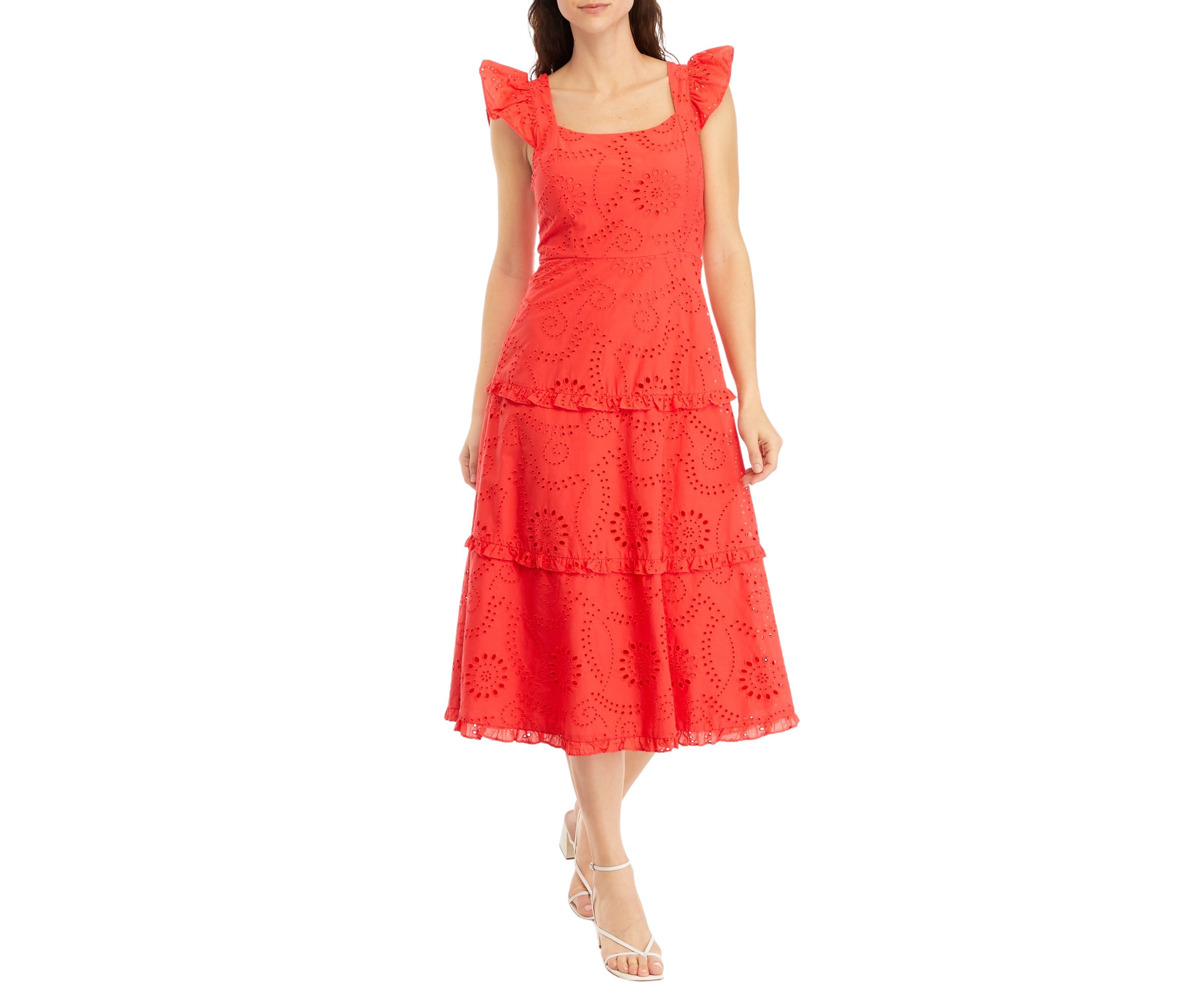 Womens Ruffle Three Tier Scooped Neck Midi Dress