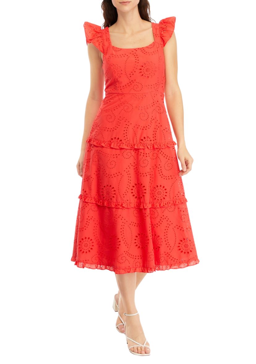 Womens Ruffle Three Tier Scooped Neck Midi Dress