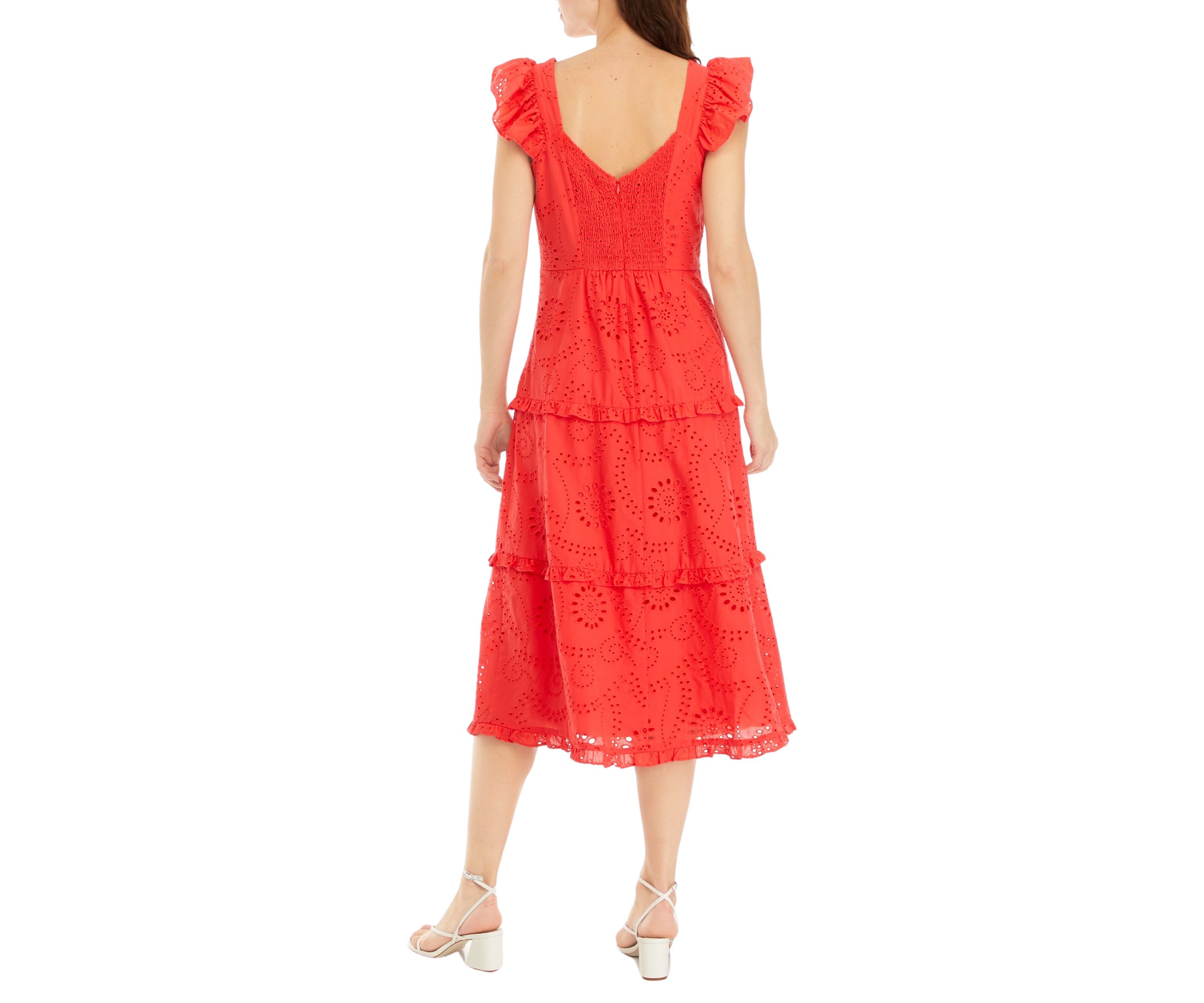 Womens Ruffle Three Tier Scooped Neck Midi Dress