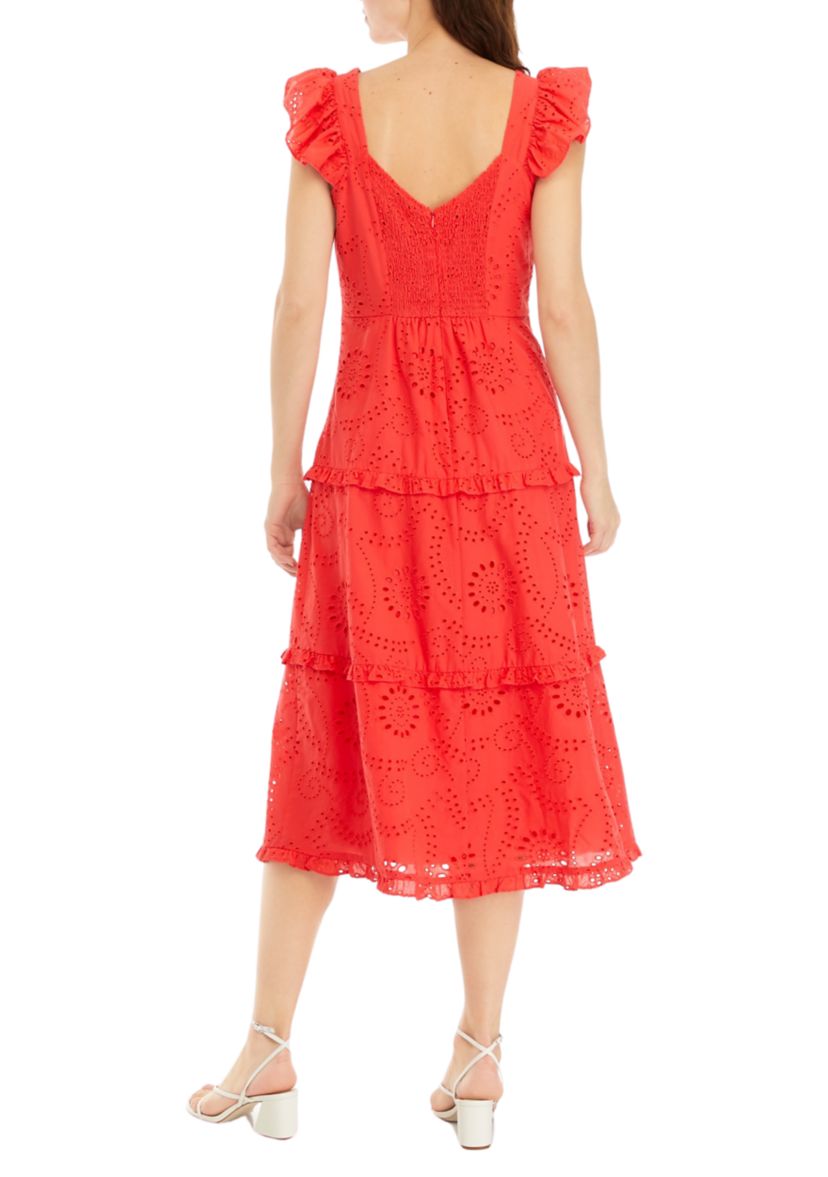 Womens Ruffle Three Tier Scooped Neck Midi Dress