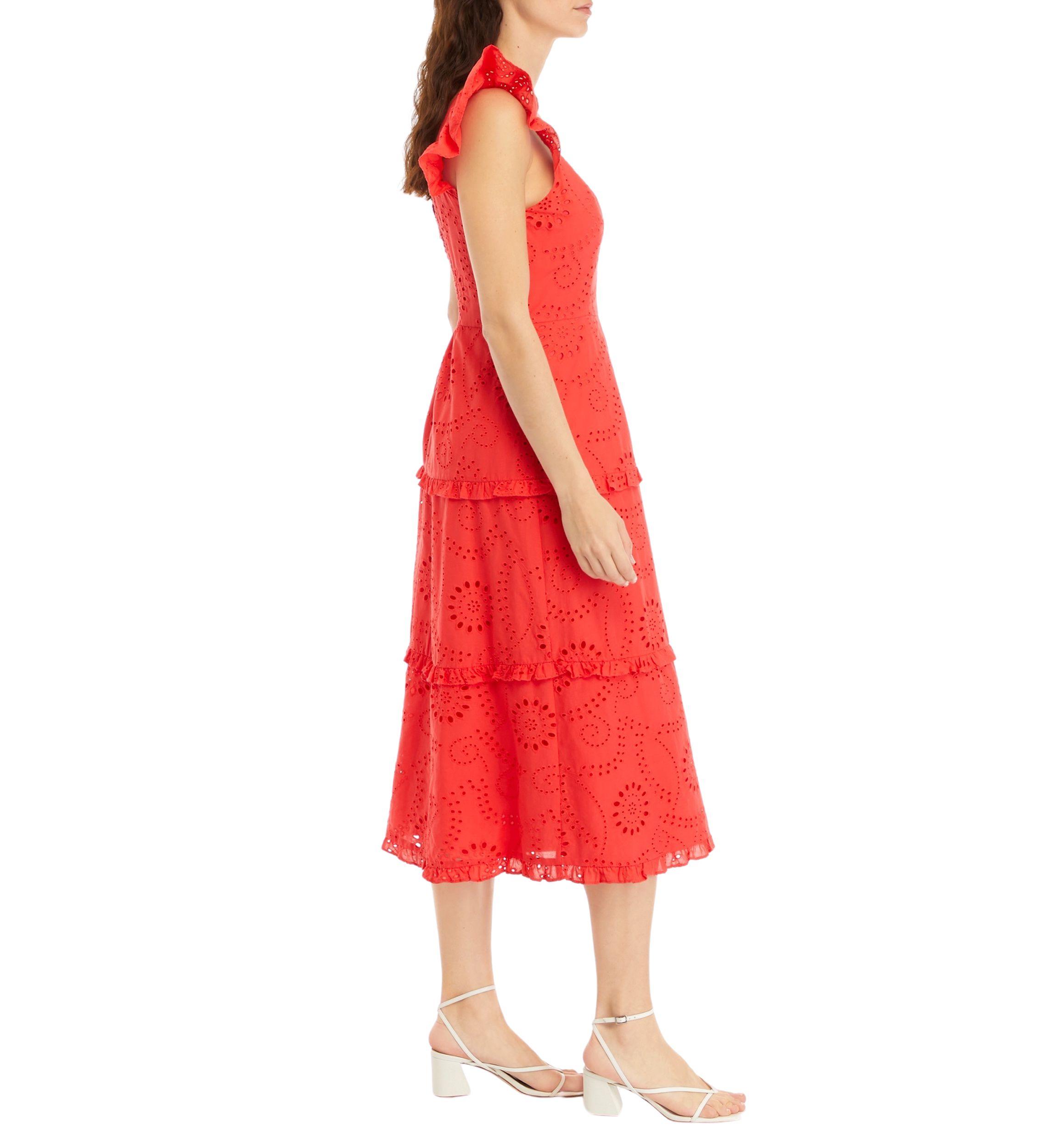 Womens Ruffle Three Tier Scooped Neck Midi Dress