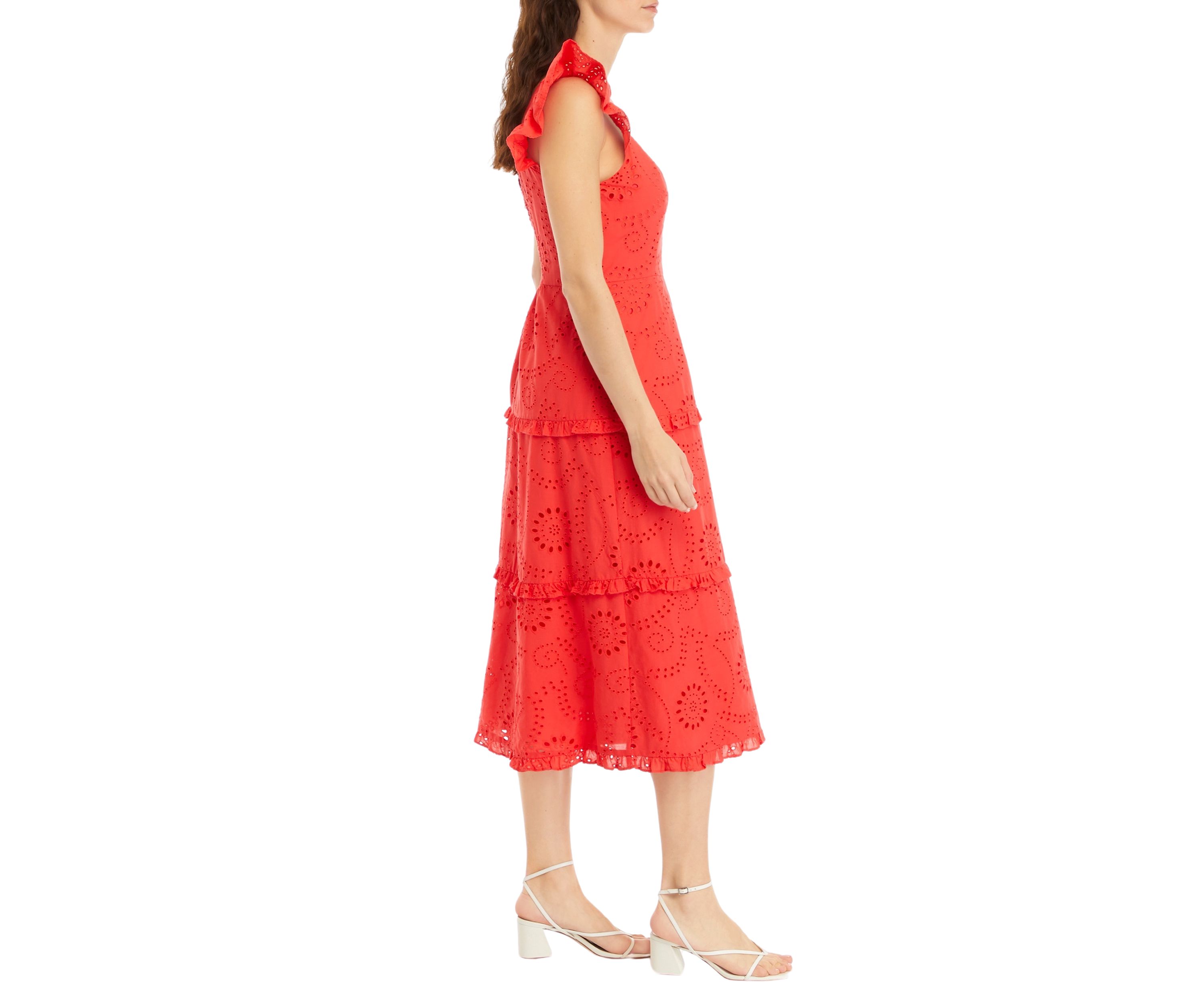 Womens Ruffle Three Tier Scooped Neck Midi Dress
