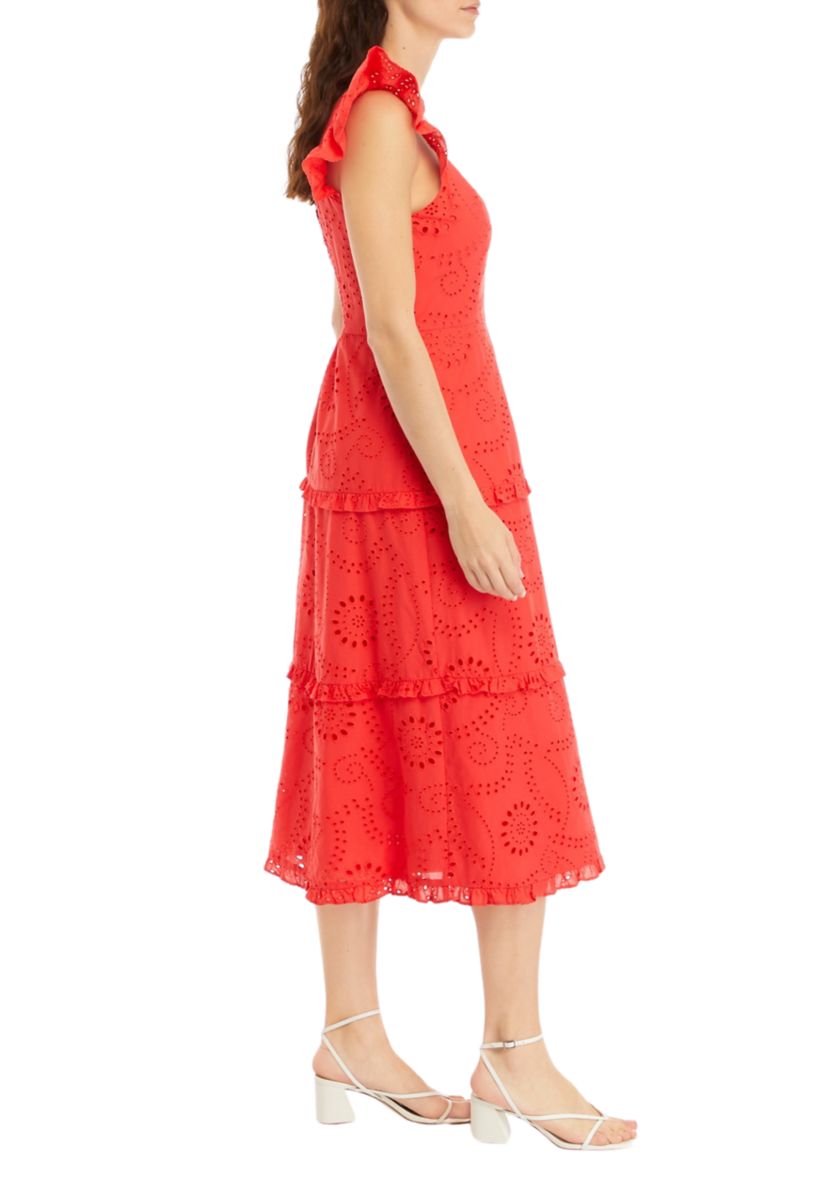 Womens Ruffle Three Tier Scooped Neck Midi Dress