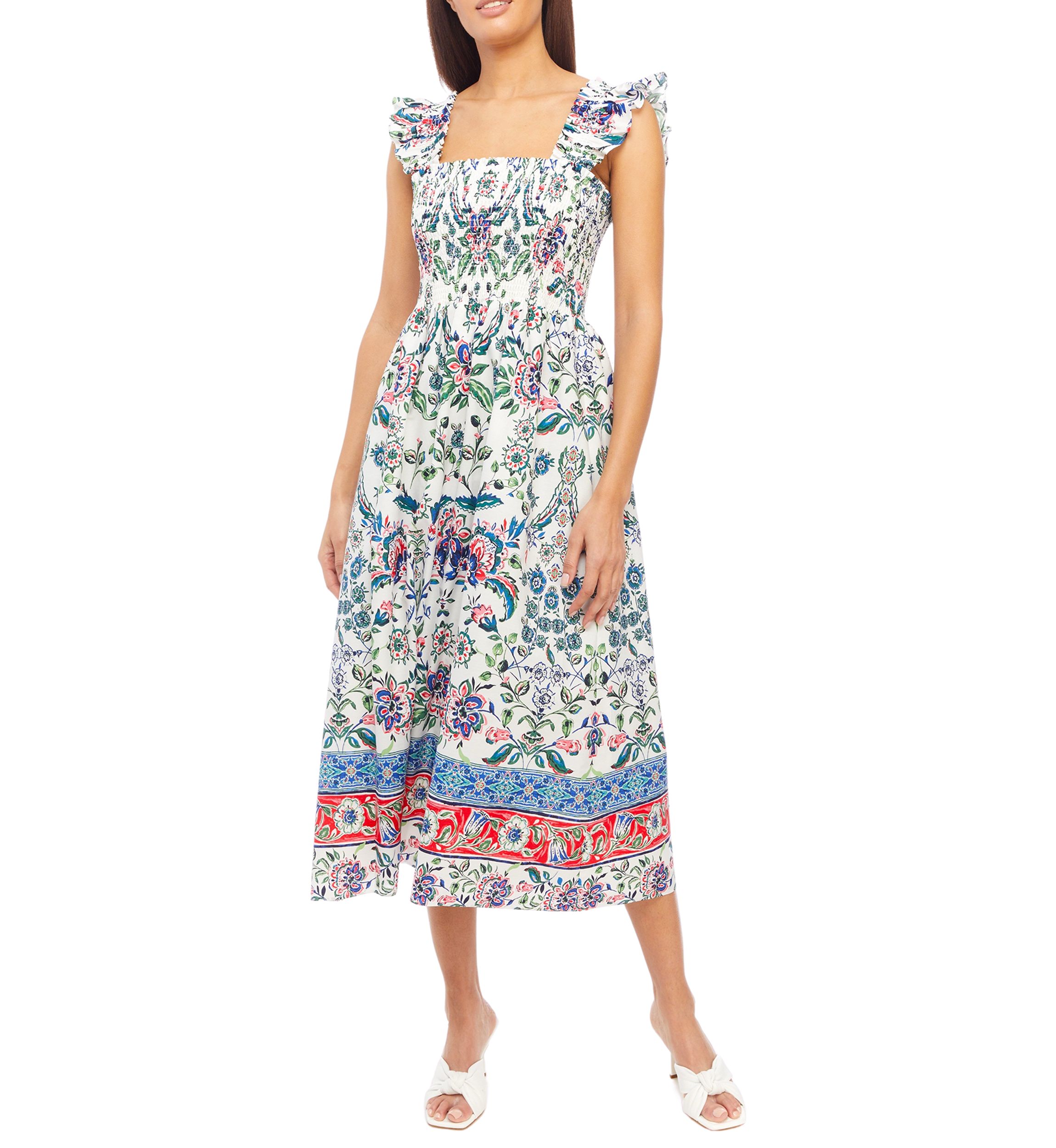 Womens Smocked Ruffle Sleeve Midi Dress