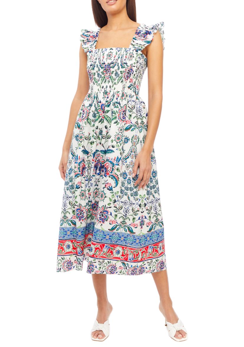 Womens Smocked Ruffle Sleeve Midi Dress