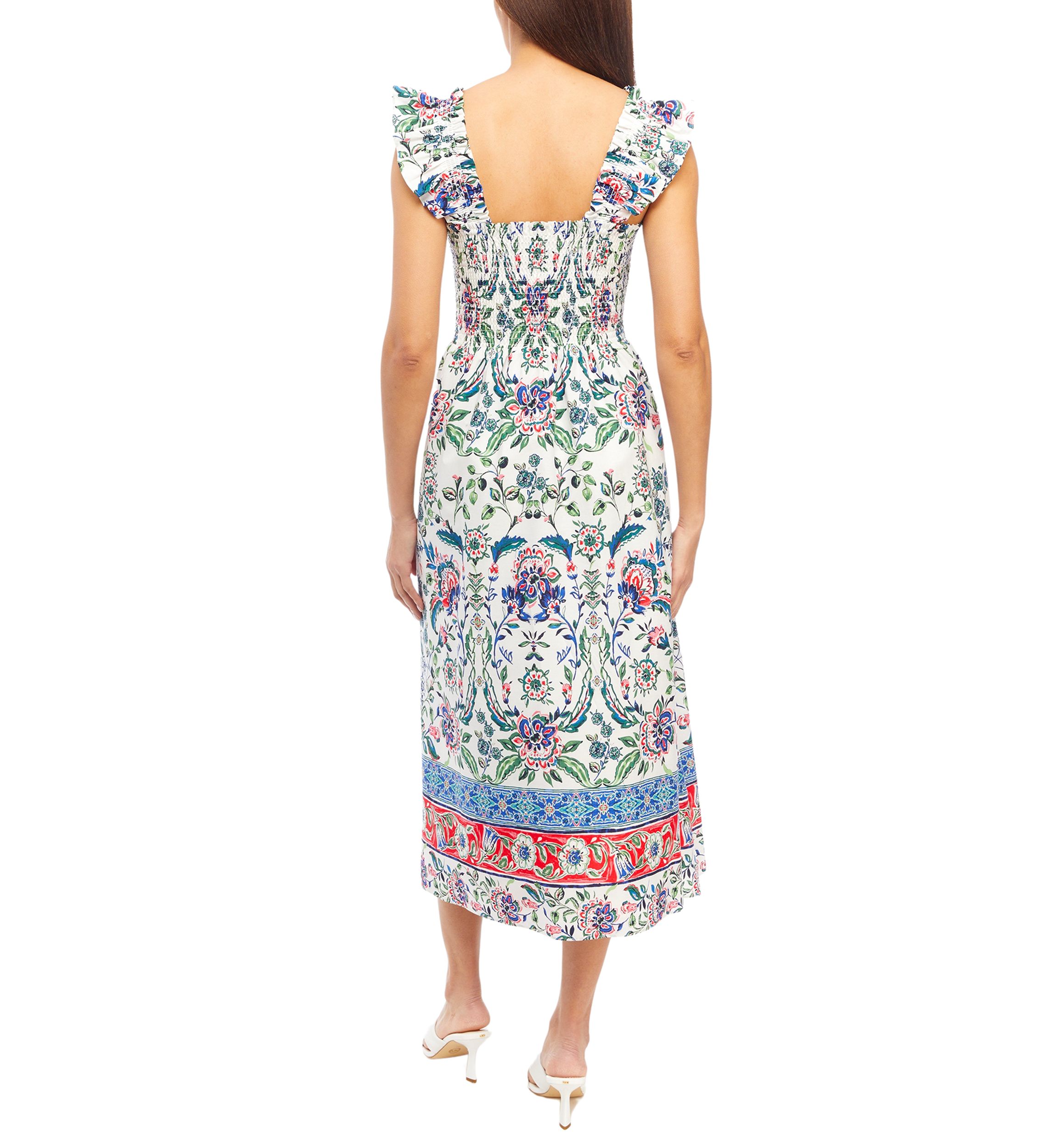 Womens Smocked Ruffle Sleeve Midi Dress