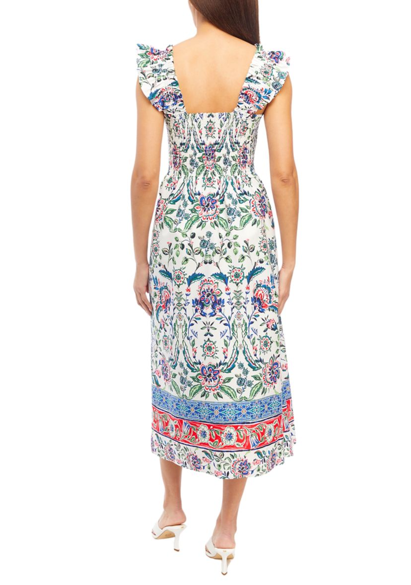 Womens Smocked Ruffle Sleeve Midi Dress