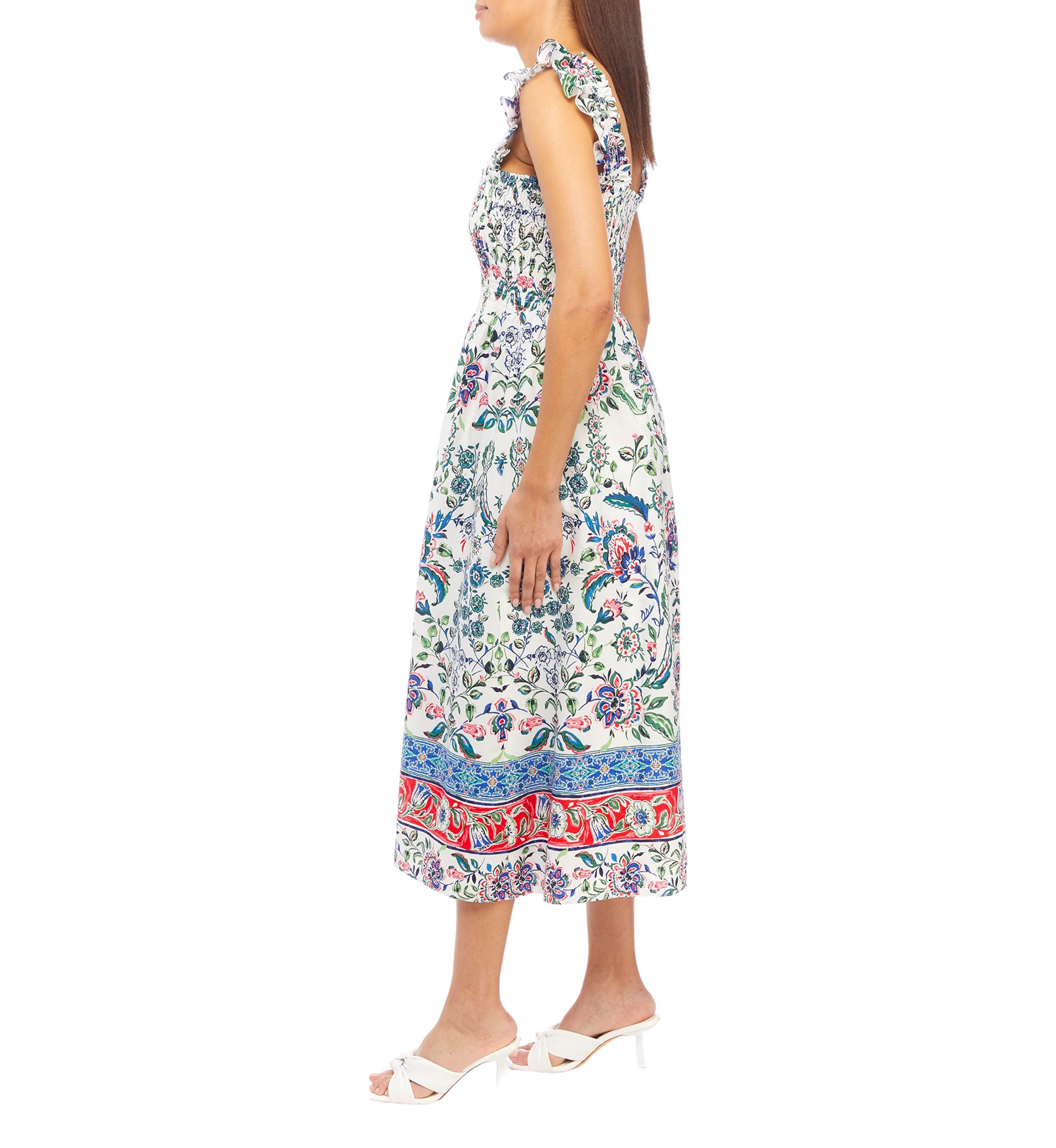 Womens Smocked Ruffle Sleeve Midi Dress
