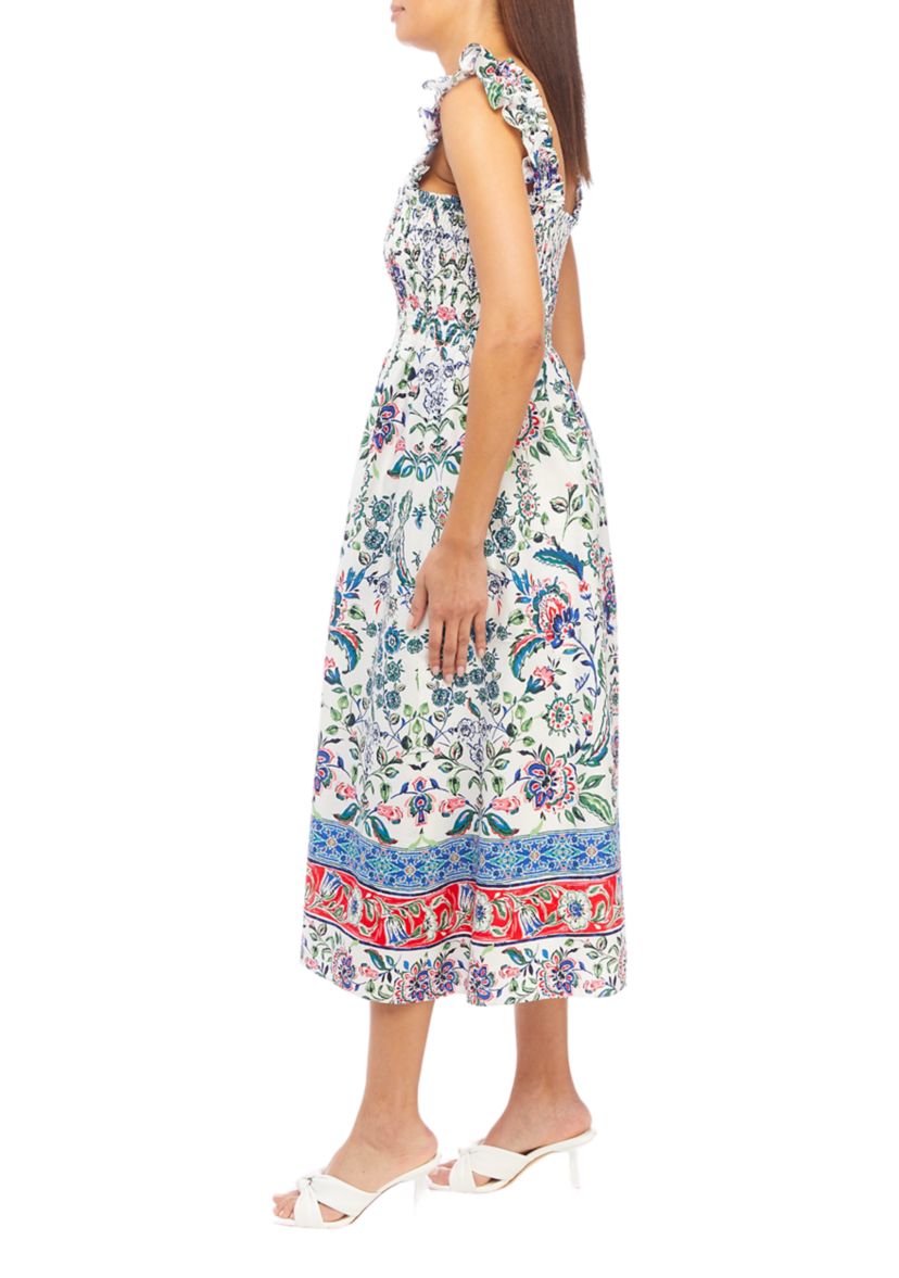 Womens Smocked Ruffle Sleeve Midi Dress