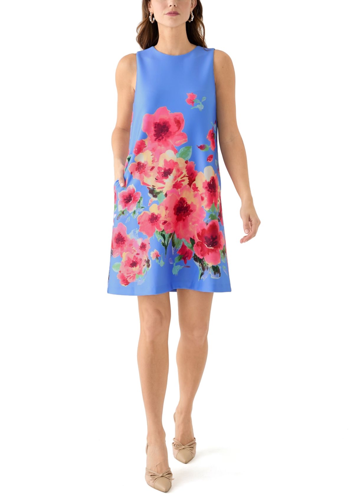 Womens Sleeveless Floral Printed A-Line Shift Dress