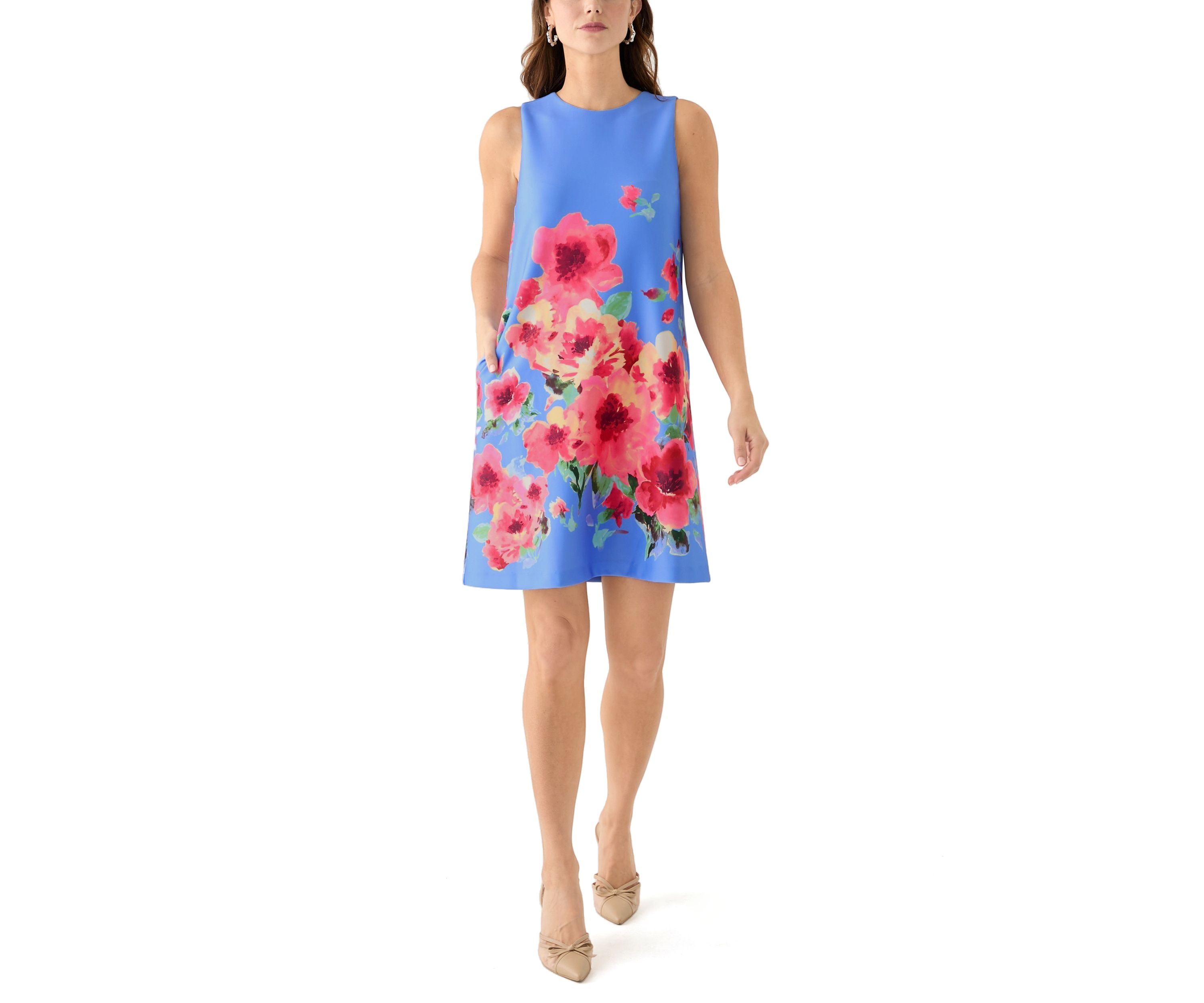 Womens Sleeveless Floral Printed A-Line Shift Dress