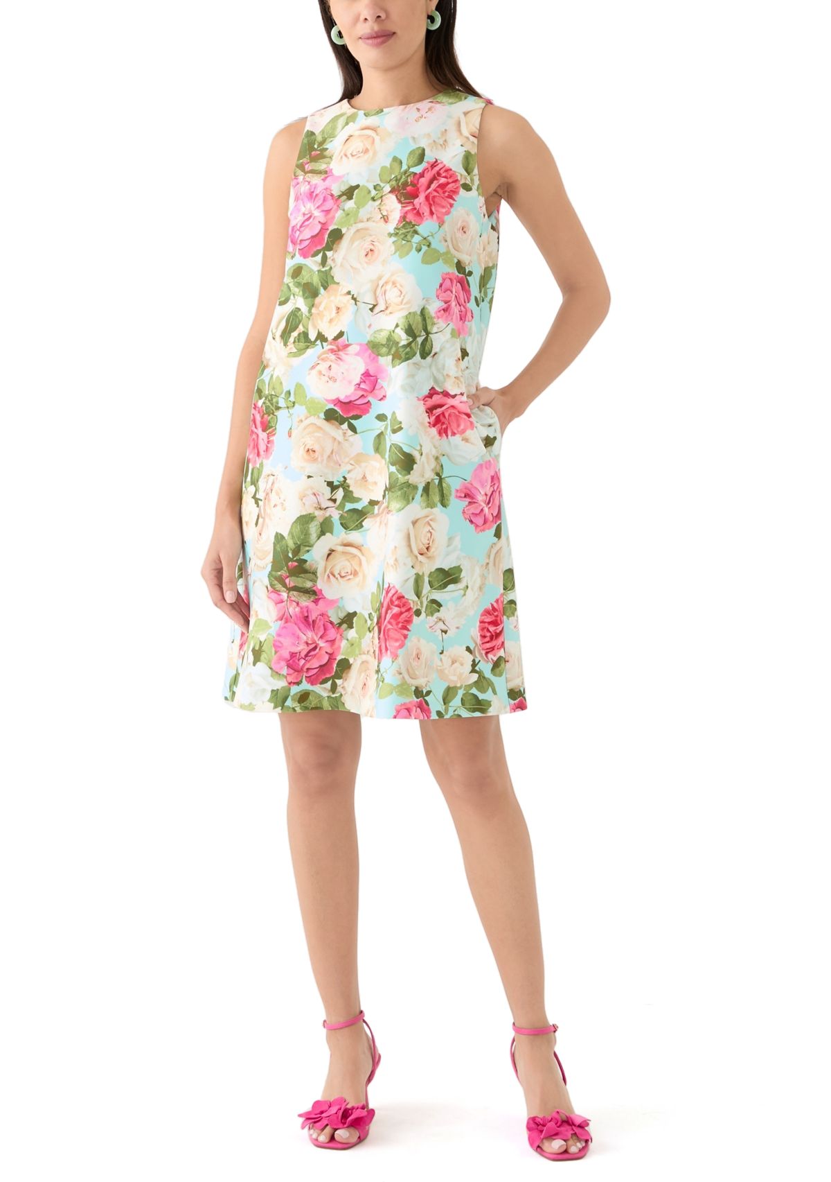 Womens Sleeveless Crew Neck Floral Print Sheath Dress