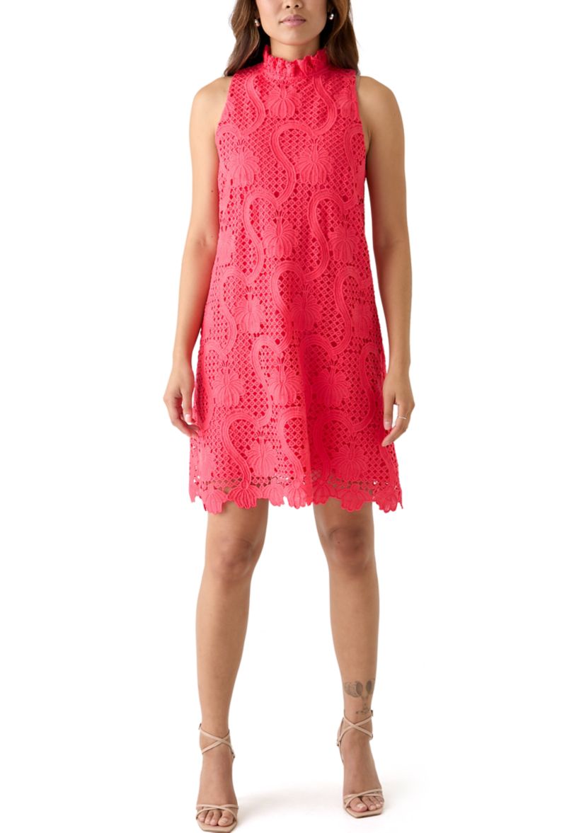 Womens Sleeveless Shift Dress with Ruffle Neck