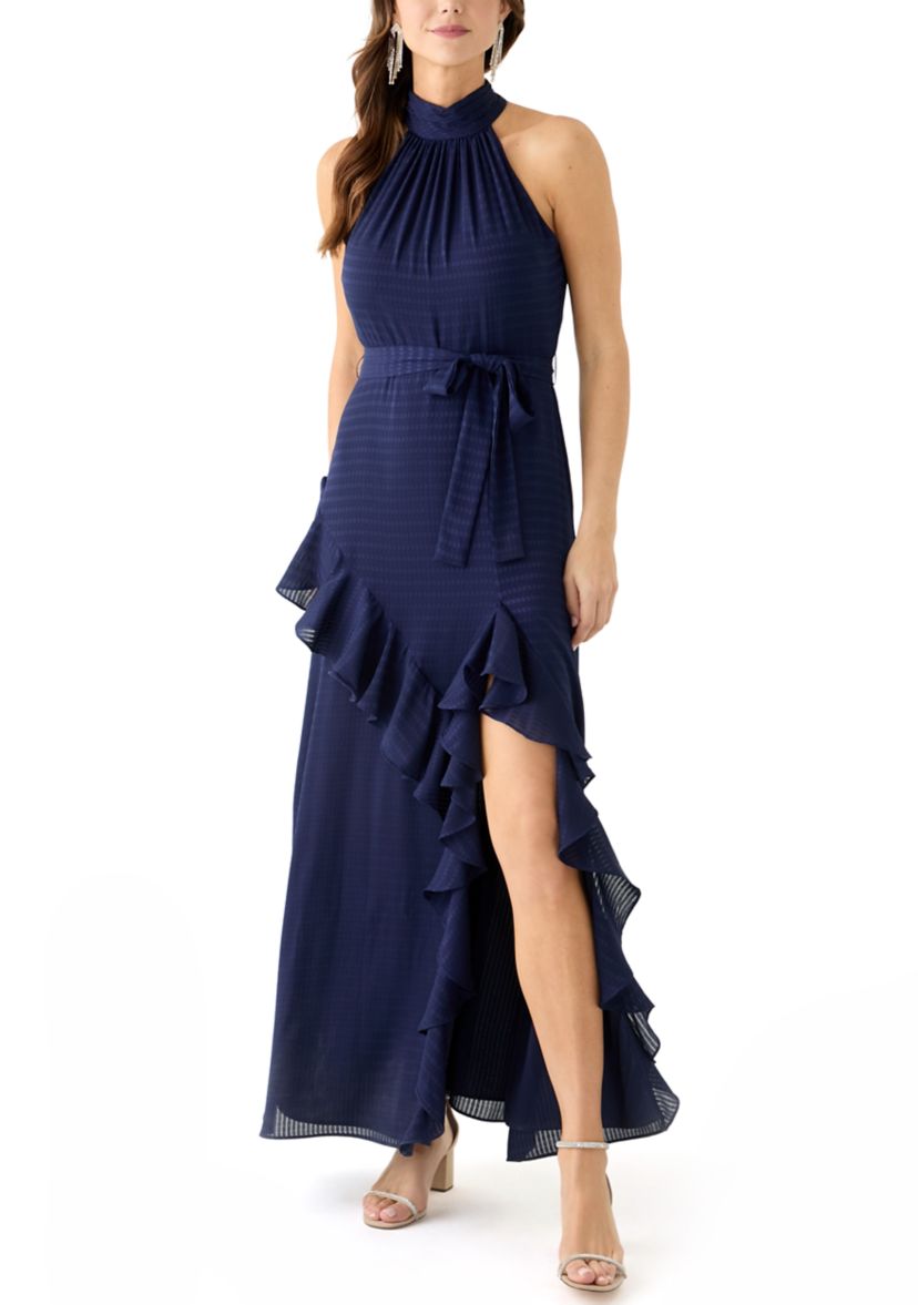 Womens Asymmetrical Ruffle Hem Maxi Dress