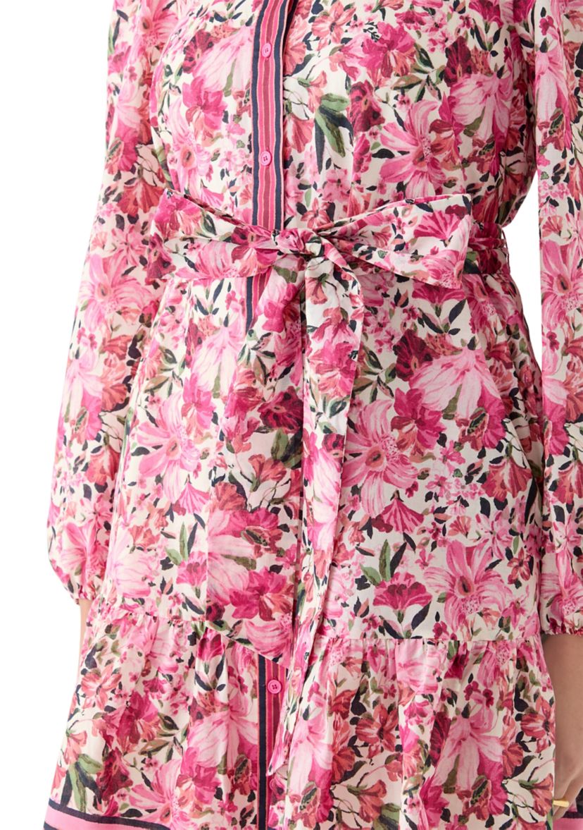 Womens Long Sleeve Collared Floral Fit and Flare Dress
