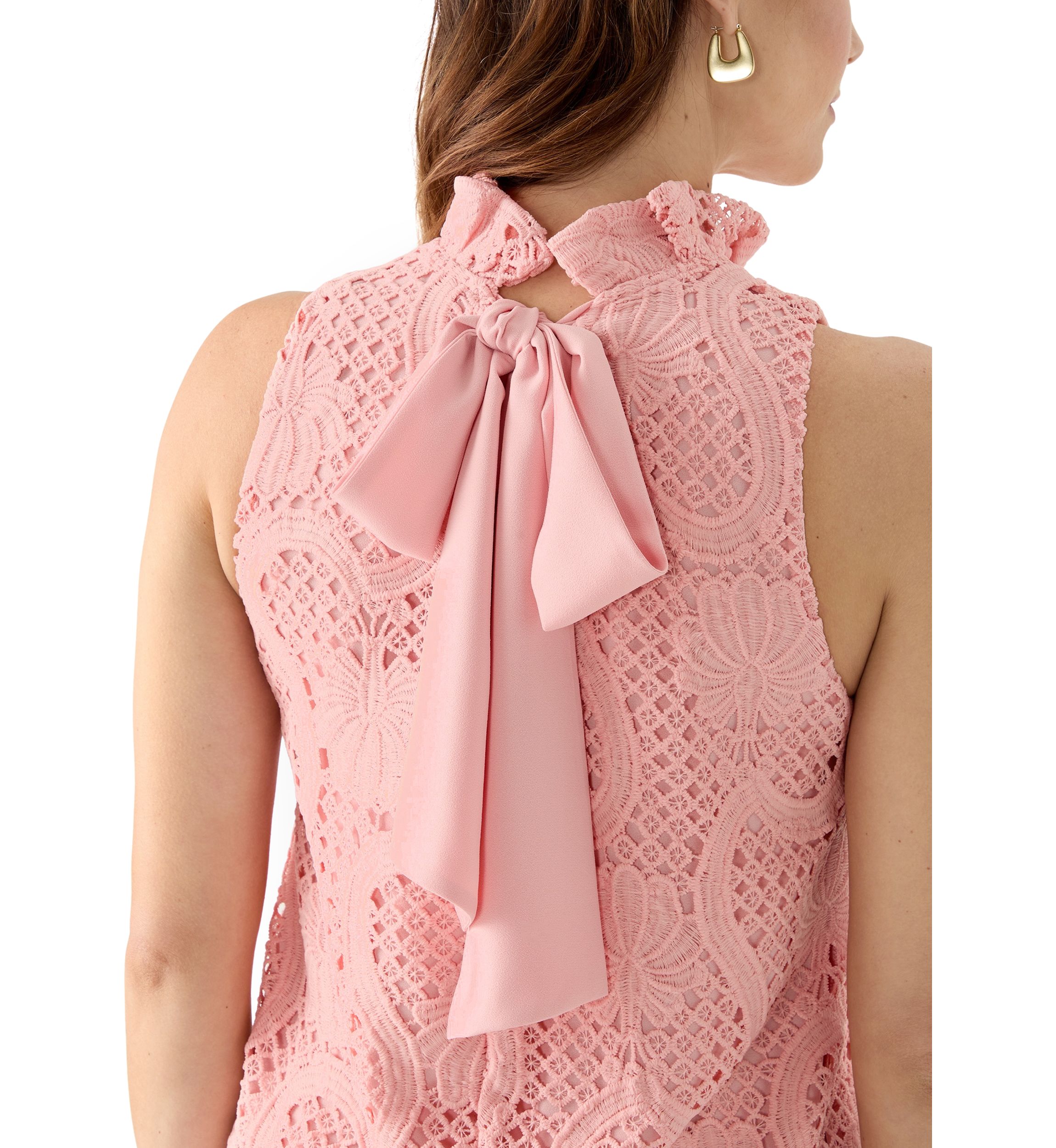 Womens Sleeveless Mock Neck Lace A-Line Dress