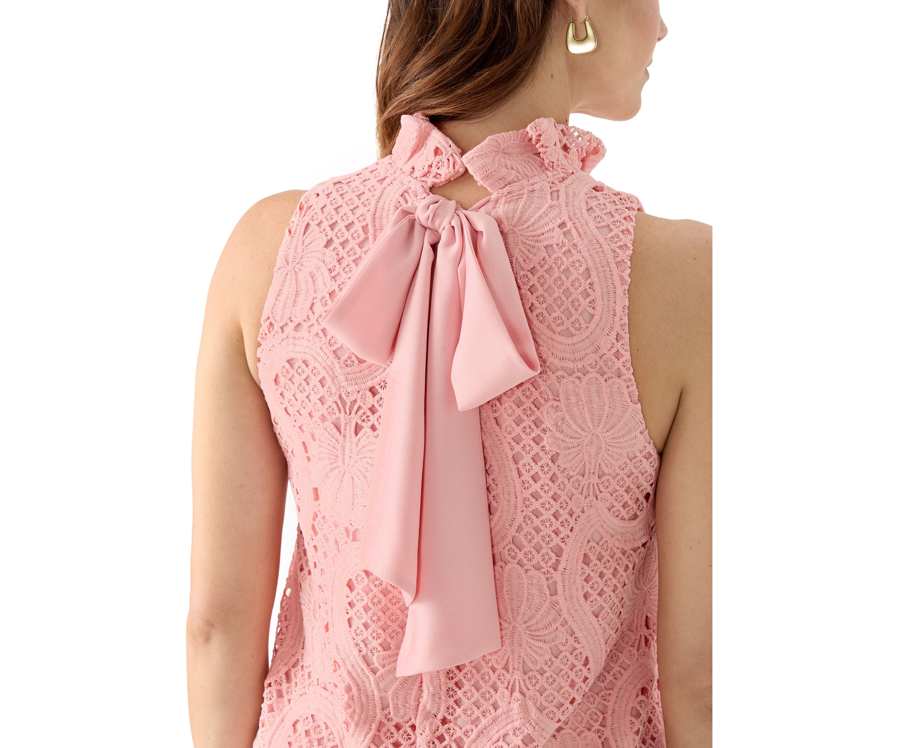Womens Sleeveless Mock Neck Lace A-Line Dress