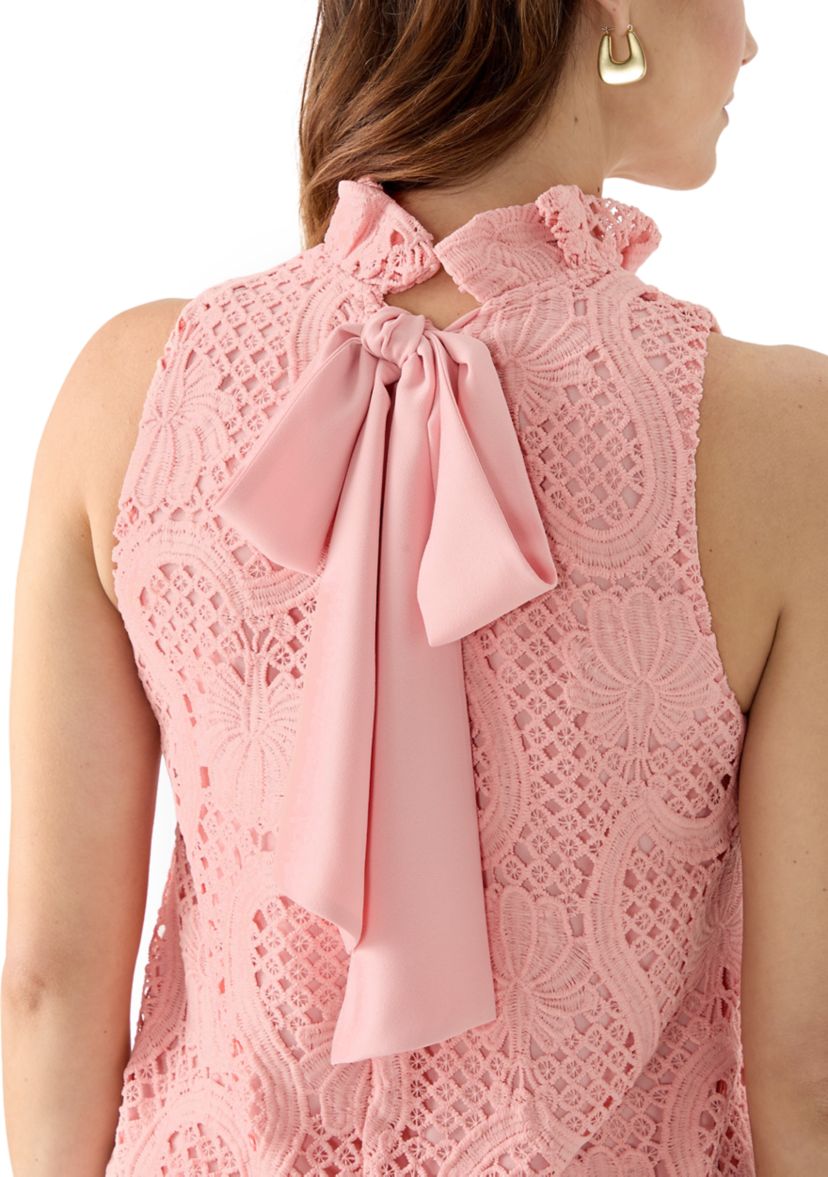 Womens Sleeveless Mock Neck Lace A-Line Dress