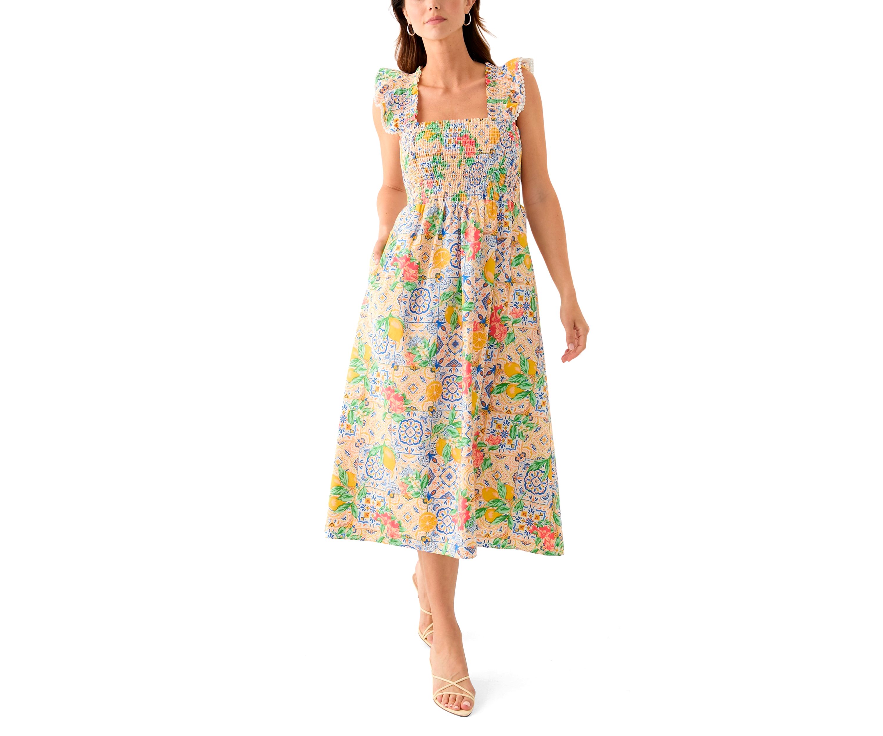 Womens Sleeveless Square Neck Smocked Printed A-Line Midi Dress 