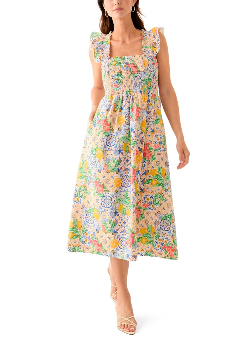 Womens Sleeveless Square Neck Smocked Printed A-Line Midi Dress 