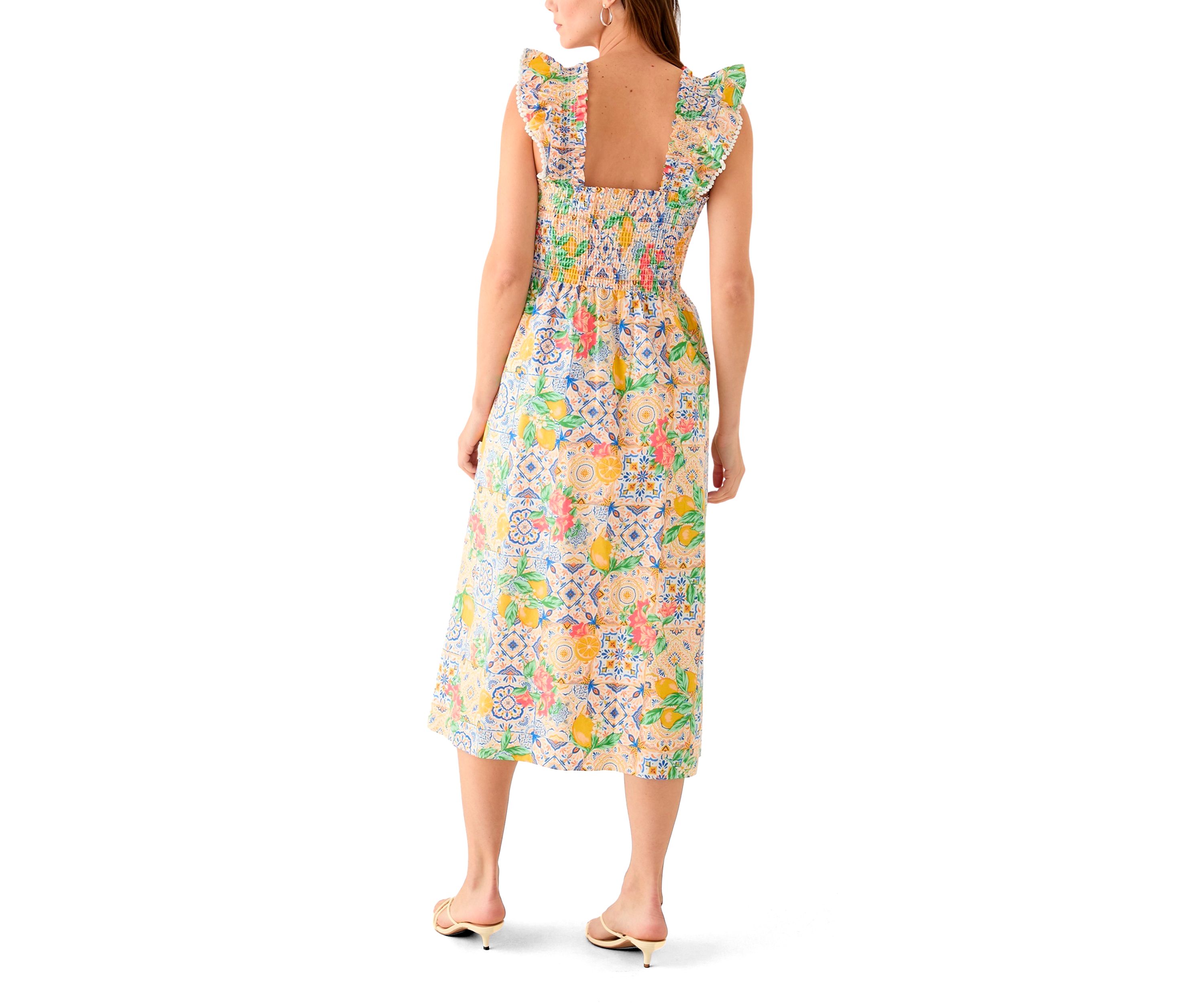 Womens Sleeveless Square Neck Smocked Printed A-Line Midi Dress 