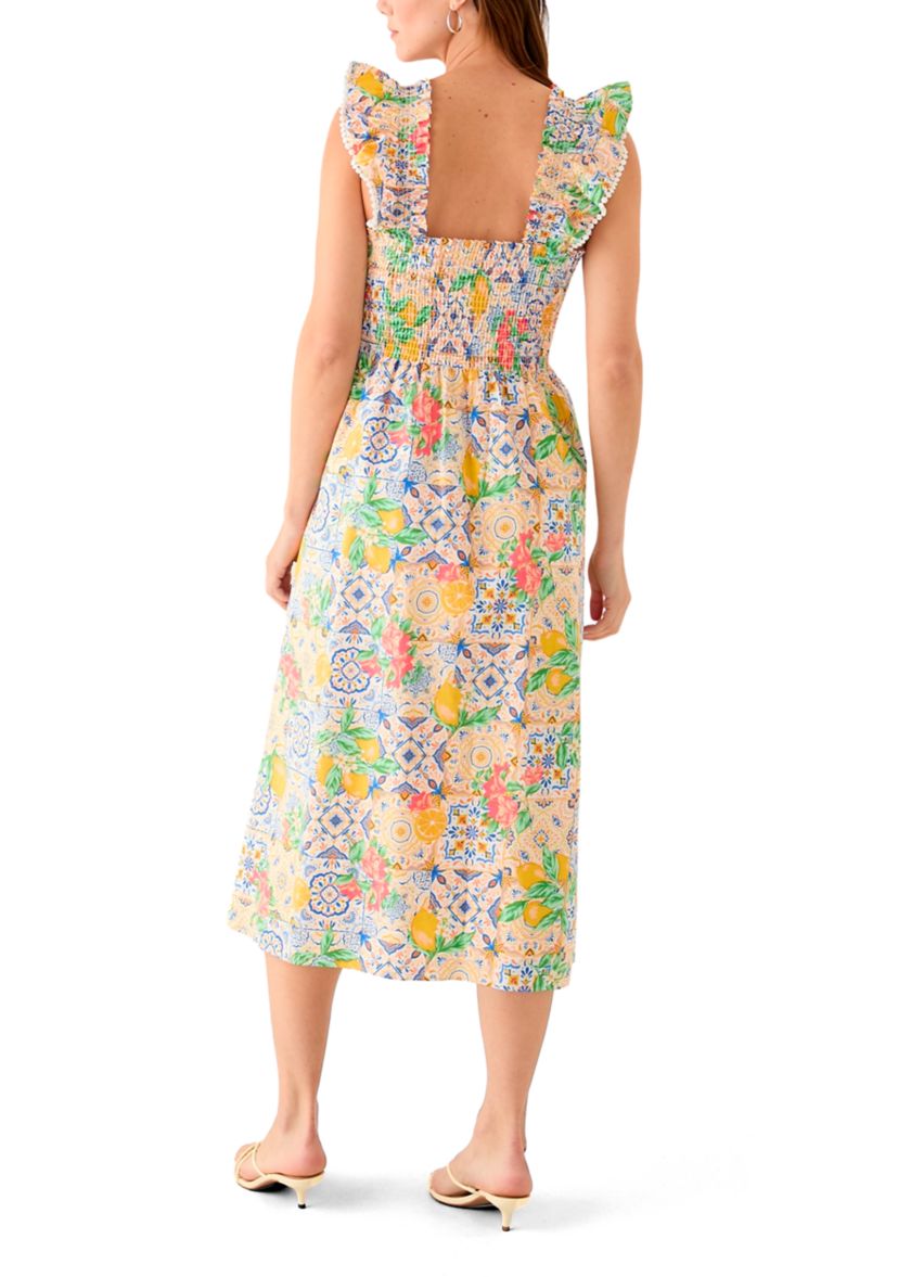 Womens Sleeveless Square Neck Smocked Printed A-Line Midi Dress 