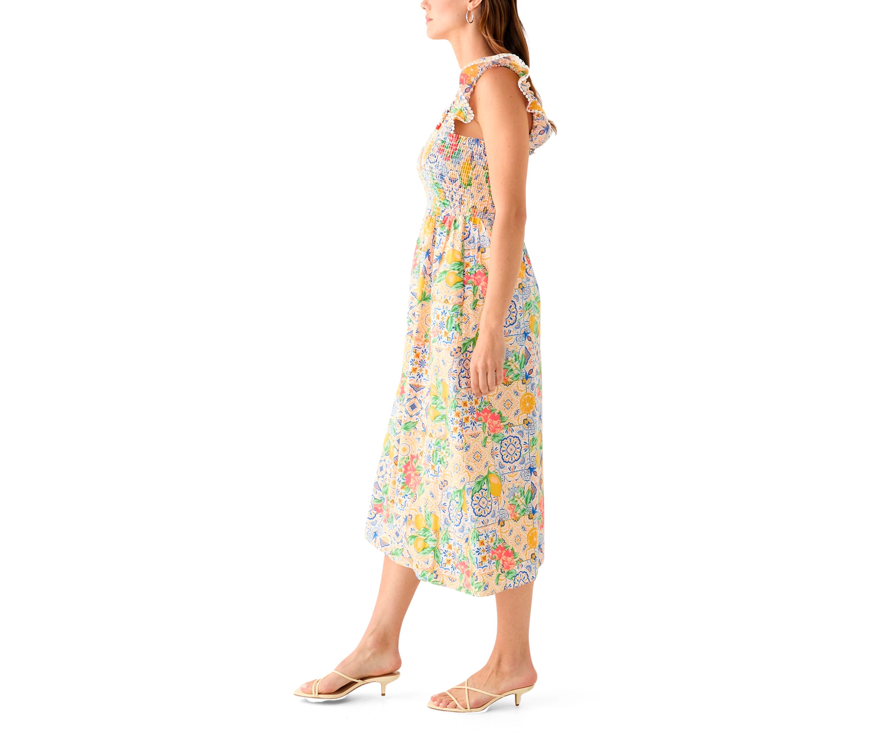 Womens Sleeveless Square Neck Smocked Printed A-Line Midi Dress 