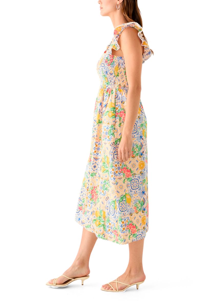 Womens Sleeveless Square Neck Smocked Printed A-Line Midi Dress 