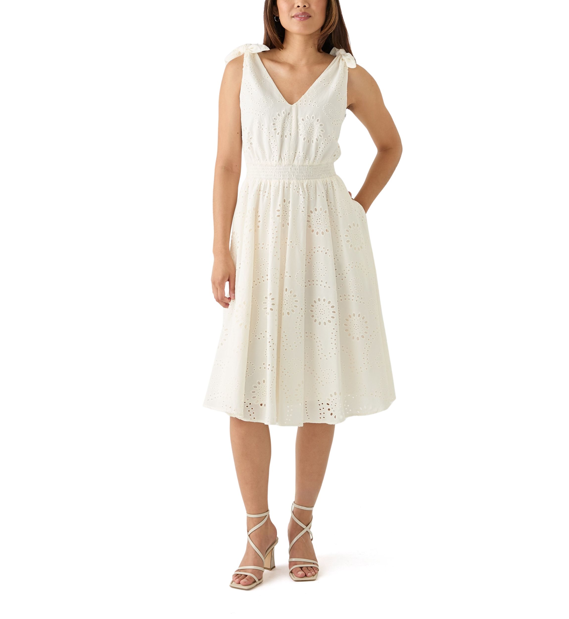 Womens Sleeveless Fit and Flare Eyelet Dress