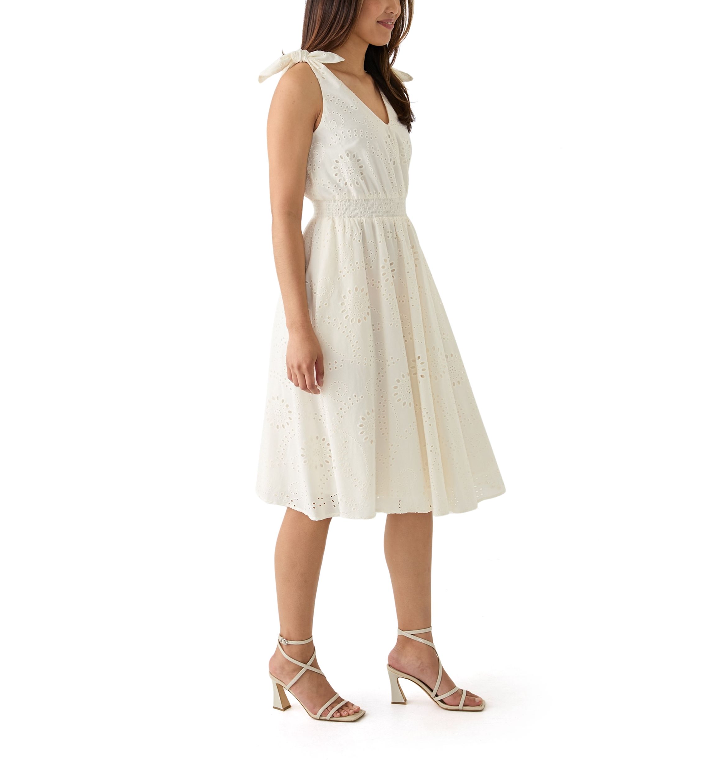 Womens Sleeveless Fit and Flare Eyelet Dress