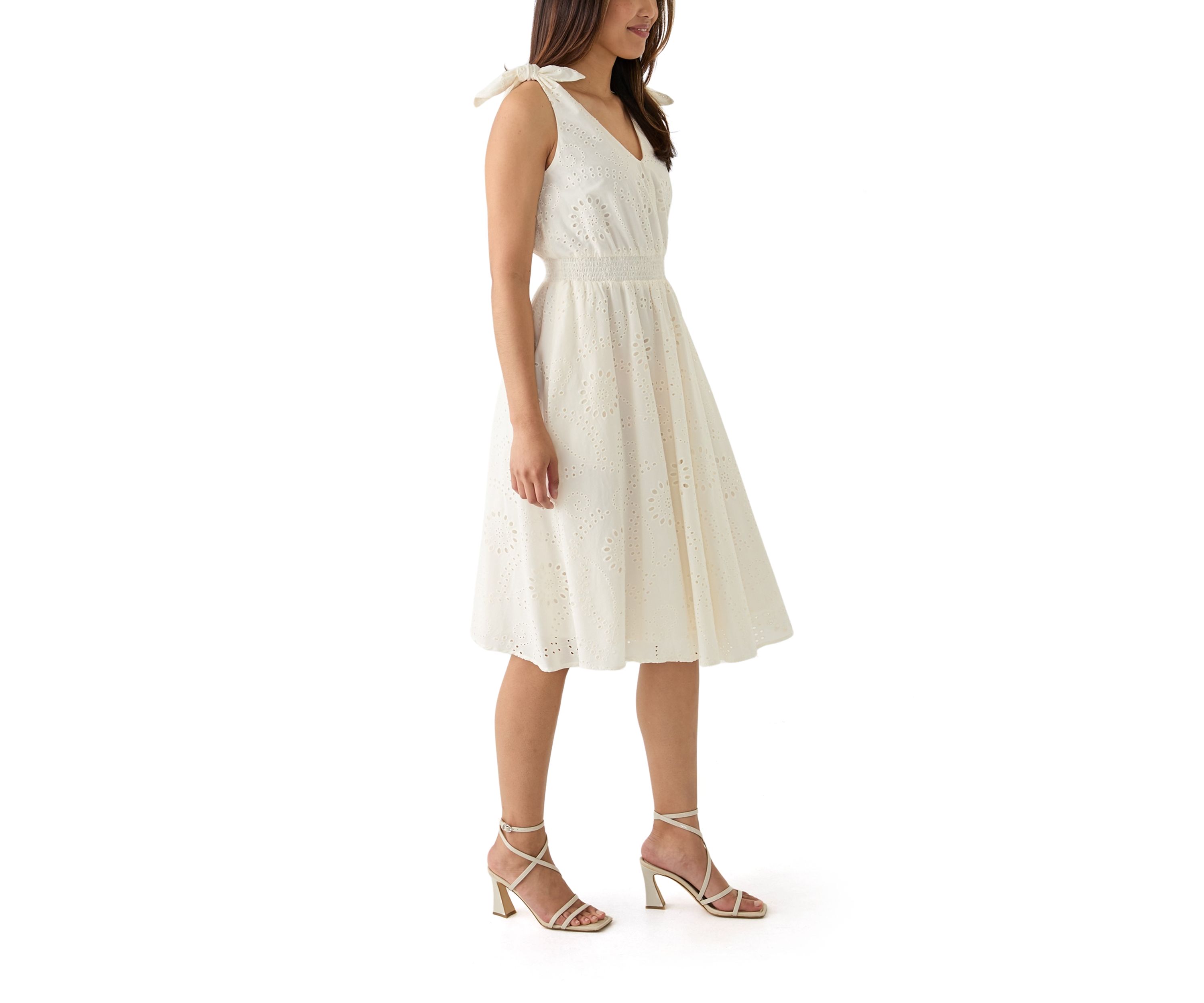 Womens Sleeveless Fit and Flare Eyelet Dress