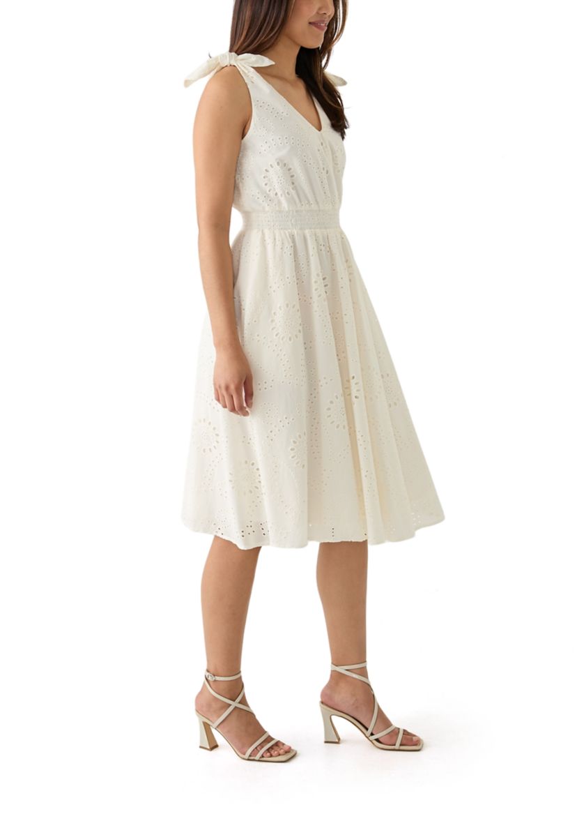 Womens Sleeveless Fit and Flare Eyelet Dress