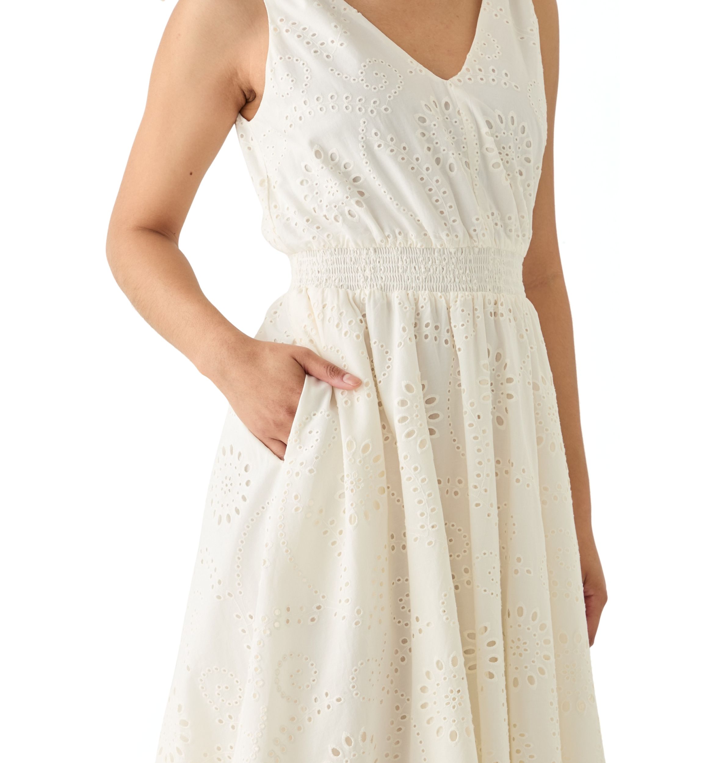 Womens Sleeveless Fit and Flare Eyelet Dress